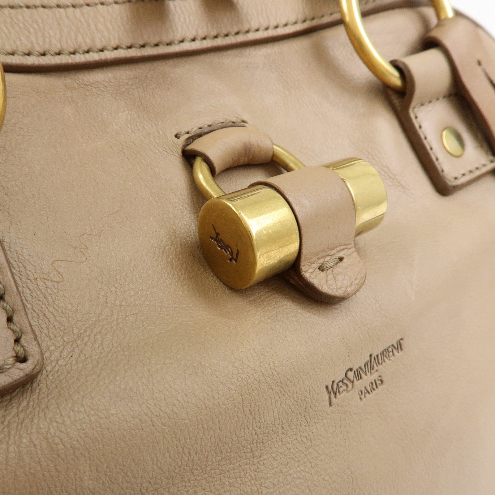 SAINT LAURENT PARIS Muse Leather Hand Bag Tote Bag Beige