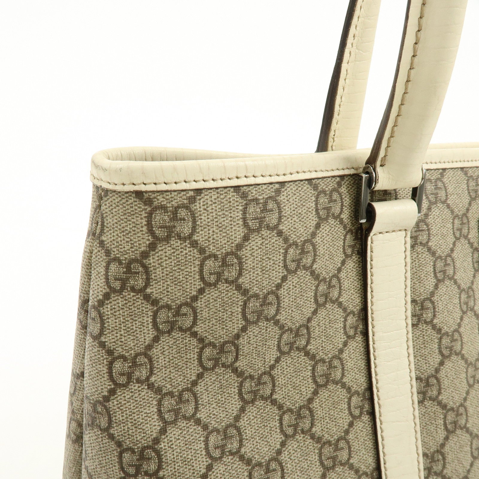 GUCCI GG Canvas Leather Shoulder Bag Tote Bag Beige White 114595
