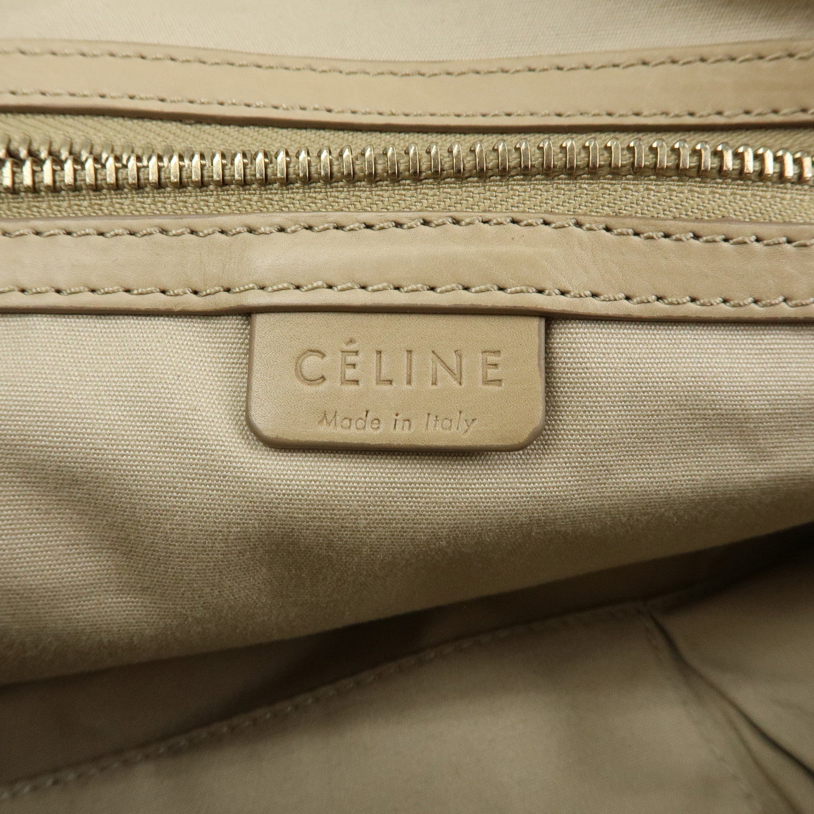 CELINE Leather Hand Bag Bowling Bag Beige Studs