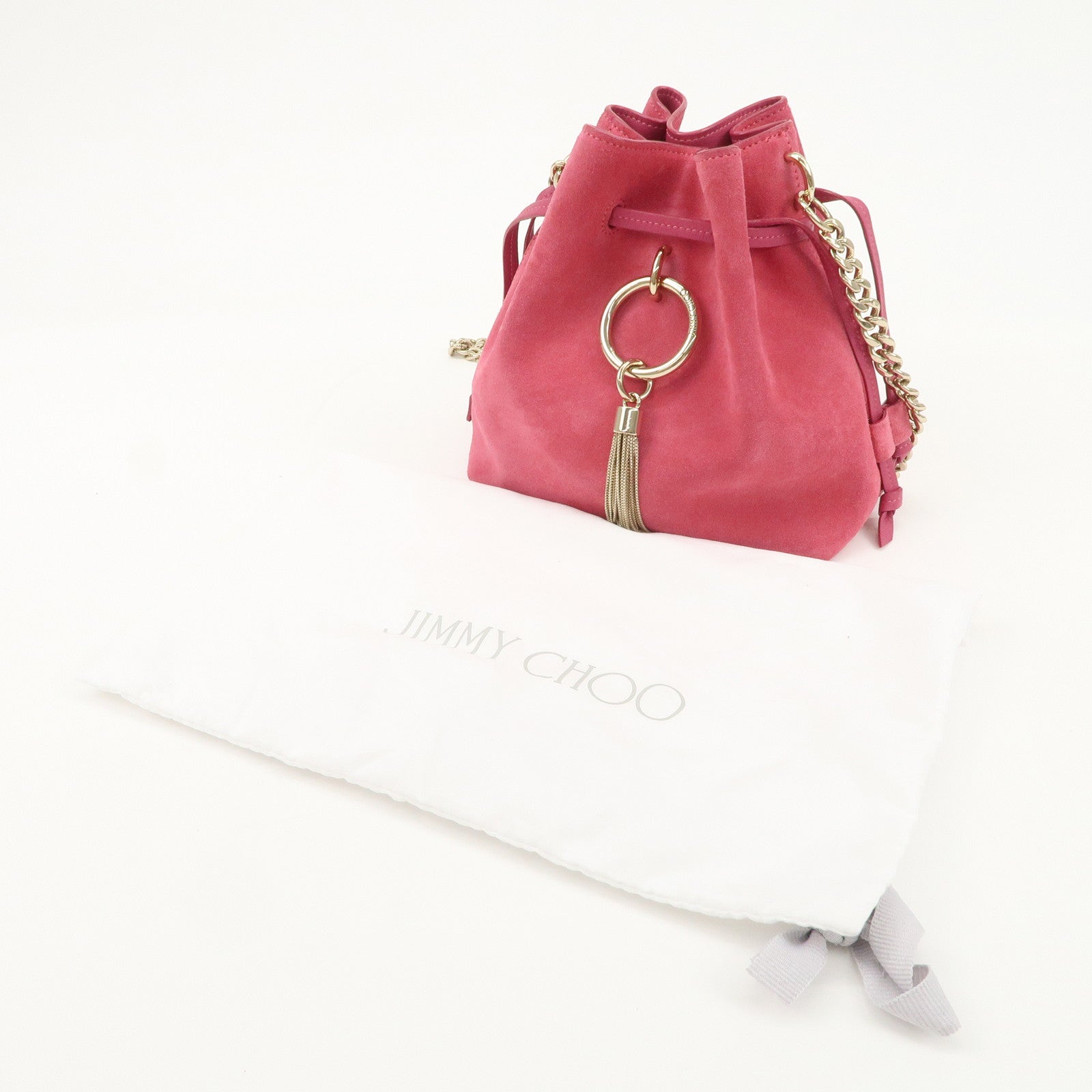 JIMMY CHOO Callie Drawstrings S Suede Chain Shoulder Bag Pink Used