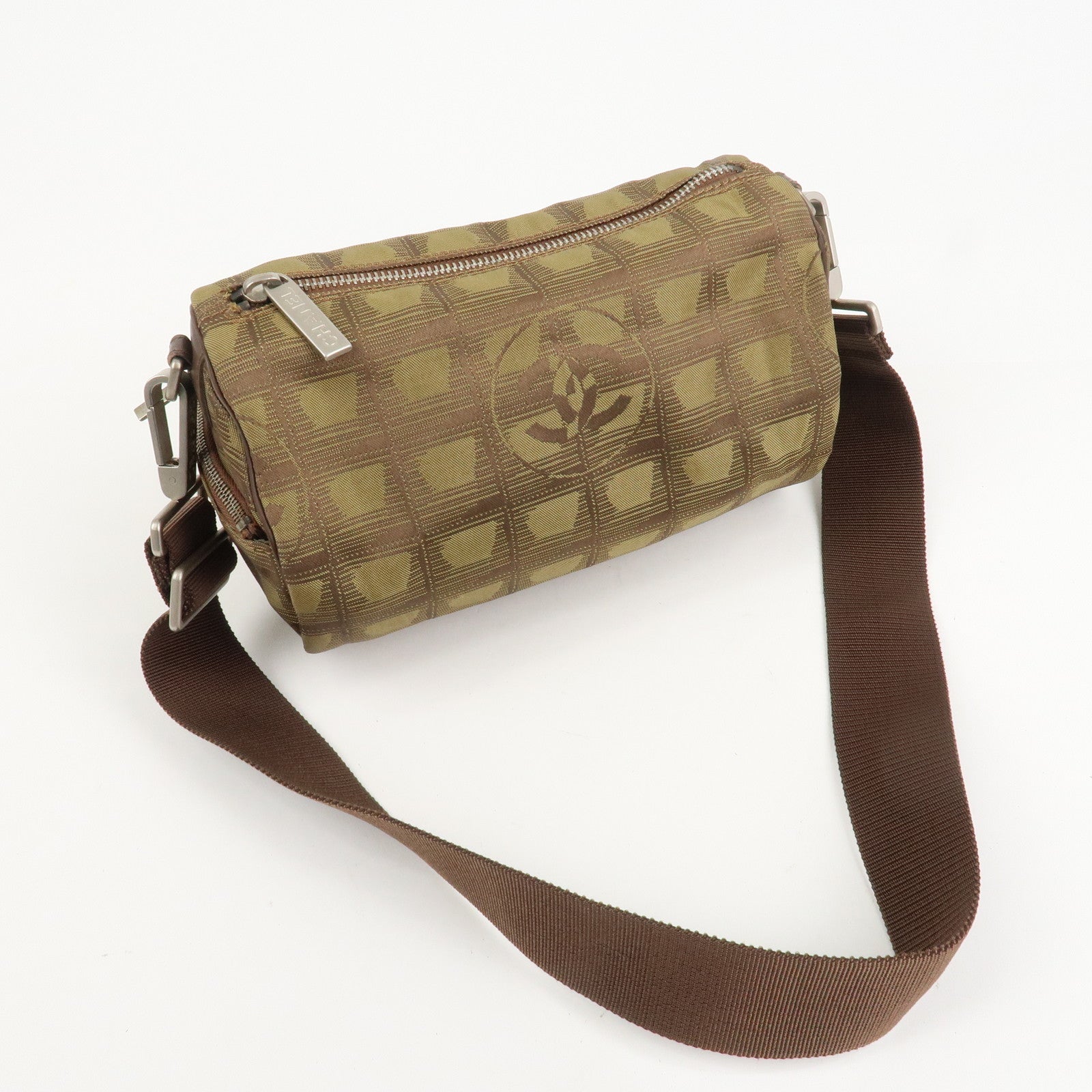 CHANEL New Travel Line Nylon Jacquard Shoulder Bag Khaki Used