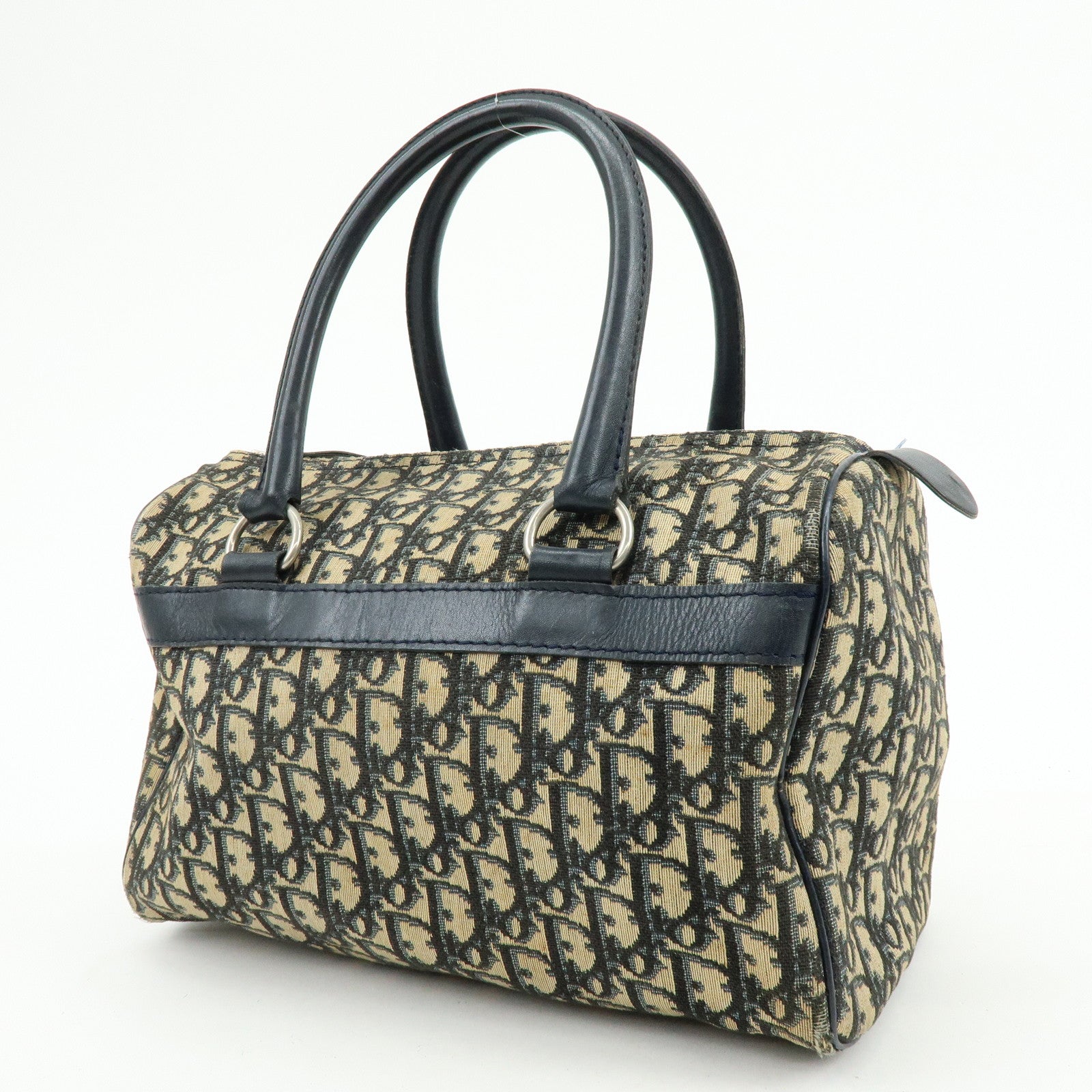 Christian Dior Trotter Leather Boston Bag Hand Bag Beige Navy