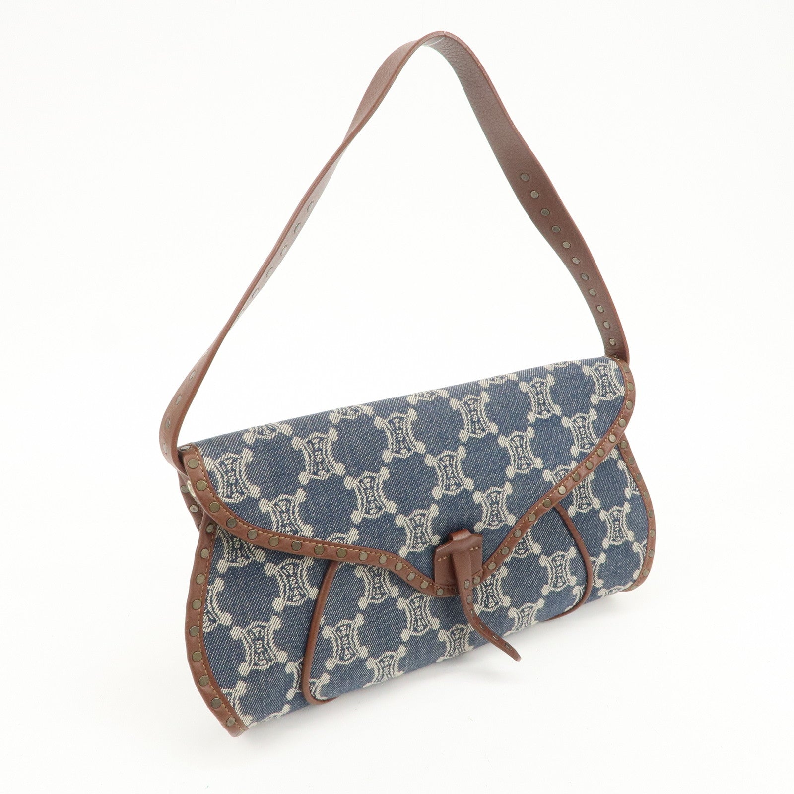 CELINE Macadam Canvas Leather Shoulder Bag Hand Bag Navy Brown