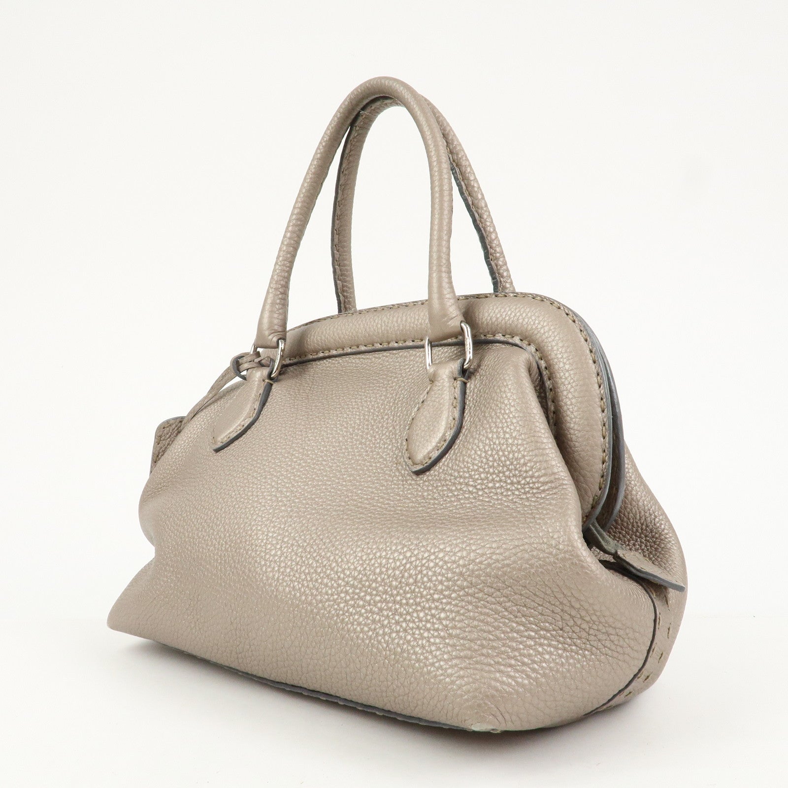 FENDI Selleria Logo Leather Boston Bag Hand Bag Greige 8BN127