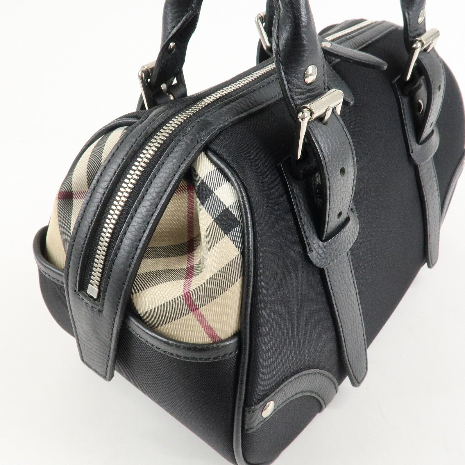 BURBERRY Canvas Leather Nova Plaid Boston Bag Black Beige Used