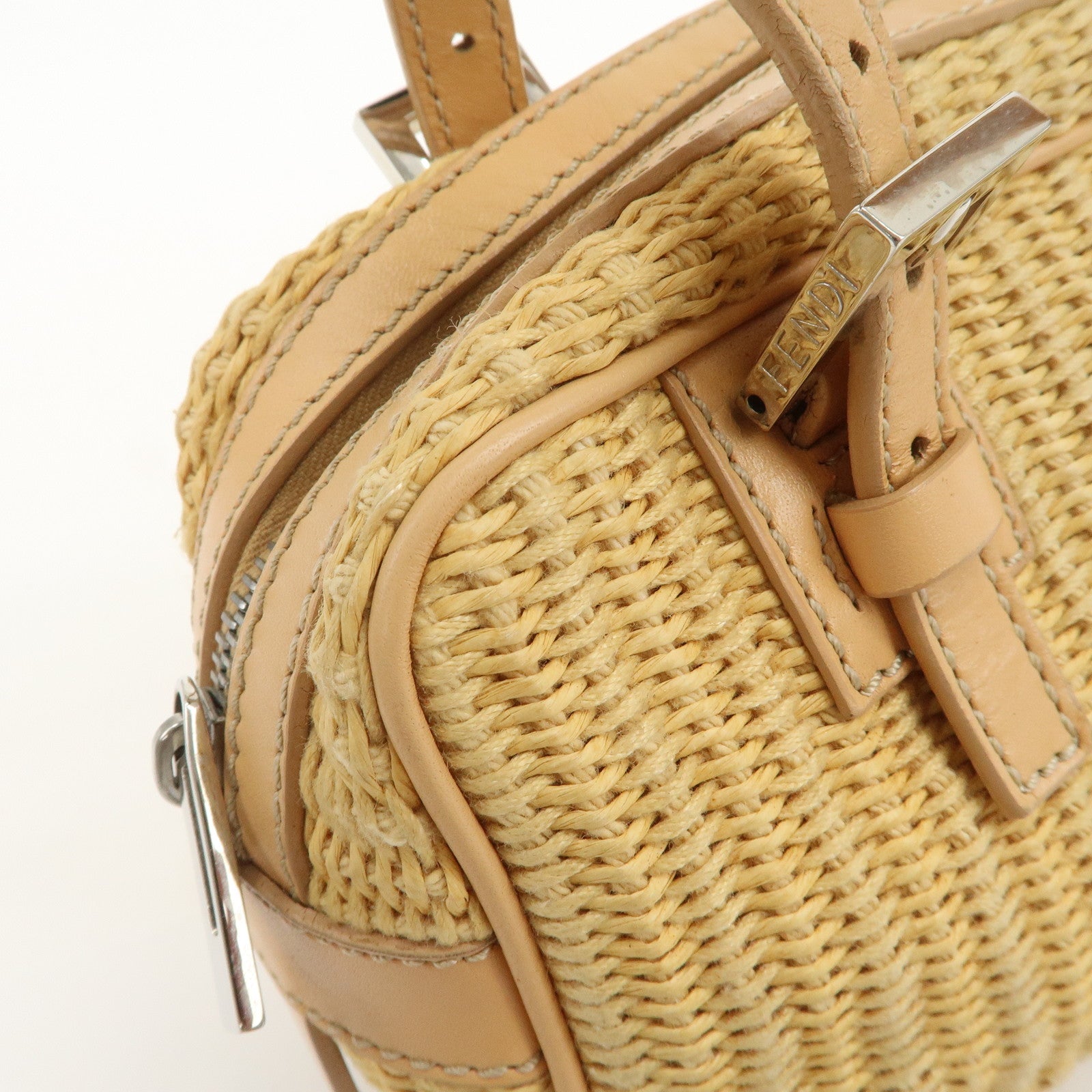 FENDI Raffia Leather Small Boston Hand Shoulder Bag Natural 8BN004