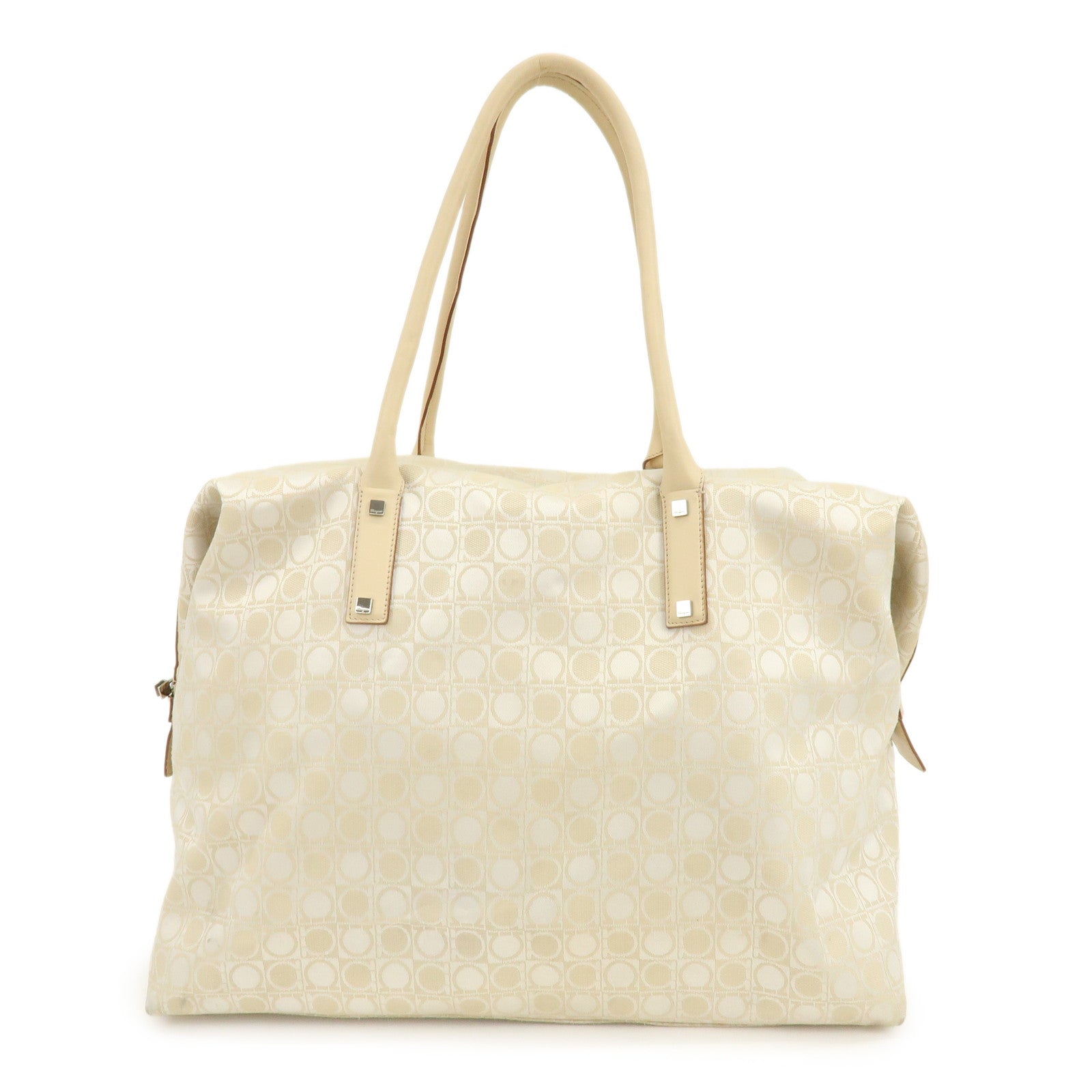 Ferragamo Gancini Canvas Leather Tote Bag Shoulder Bag Light Beige