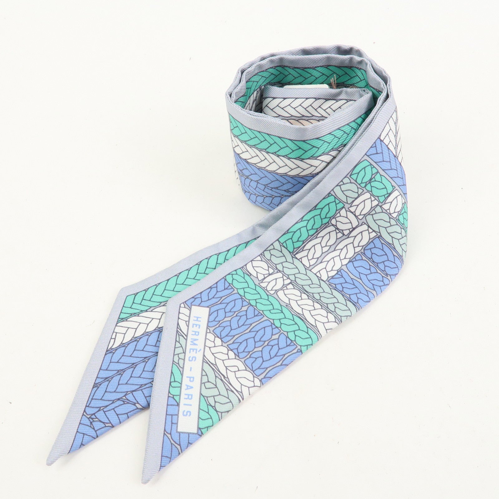 HERMES Twilly Silk 100% Scarf TRESSES H Blue White