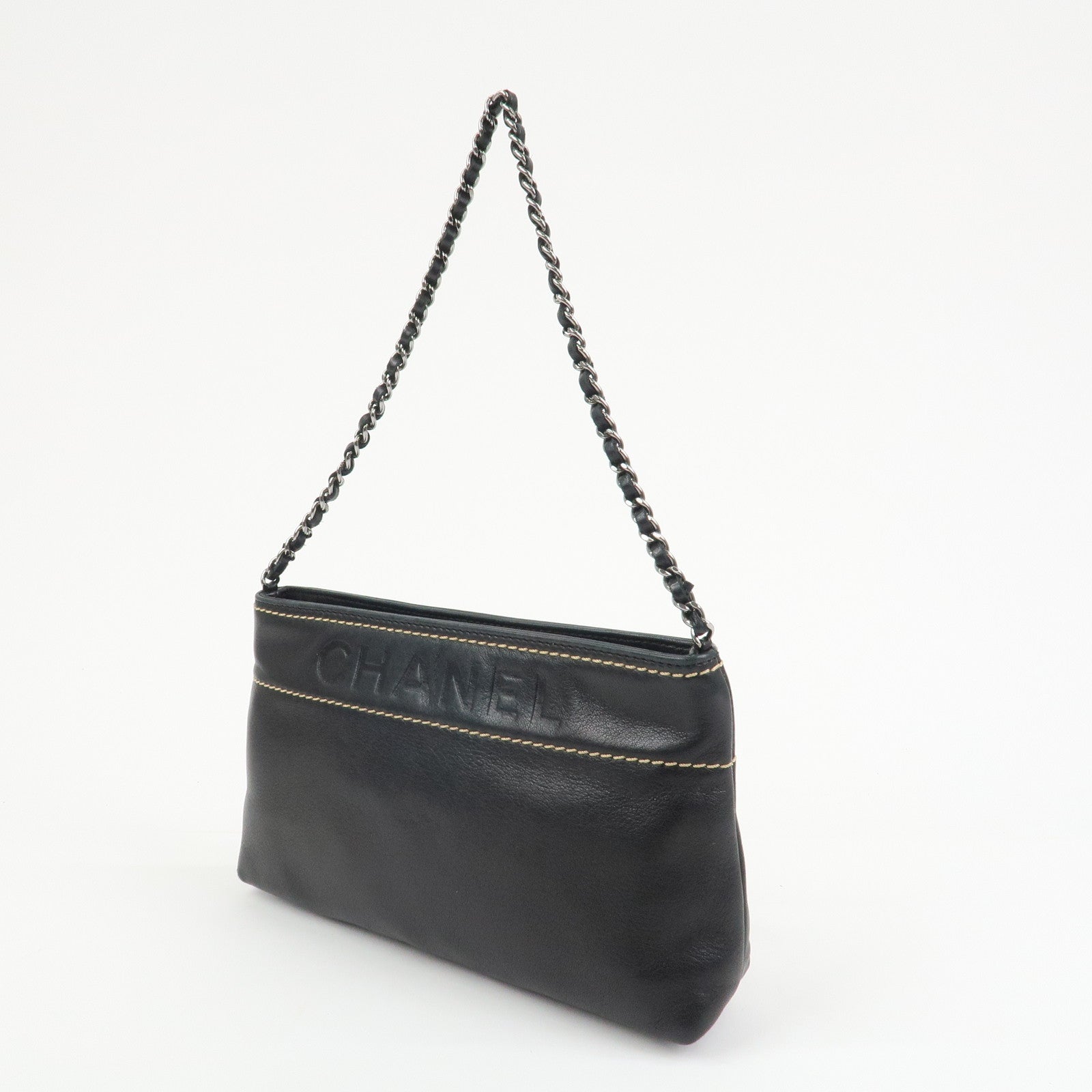 CHANEL Lambskin Chain Shoulder Bag Hand Bag Black Silver