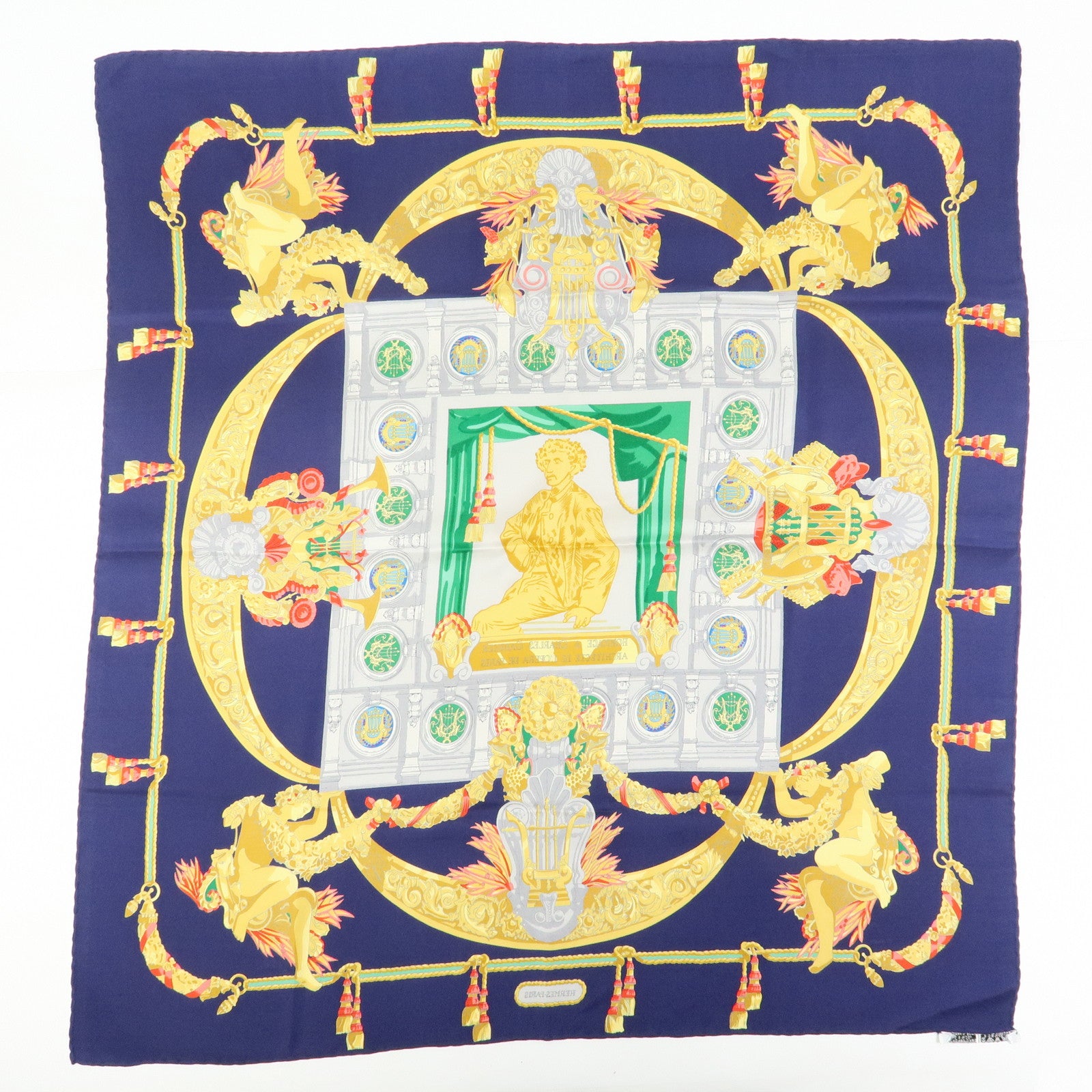 HERMES Carre 90 Silk 100% Scarf HOMMAGE A CHARLES GARNIER Navy
