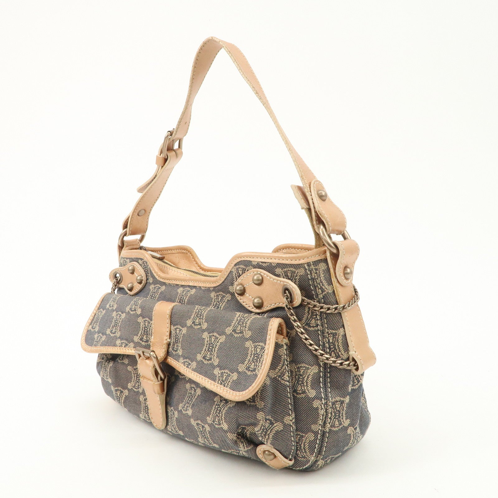 CELINE Macadam Leather Denim Shoulder Bag Hand Bag Beige Navy Used