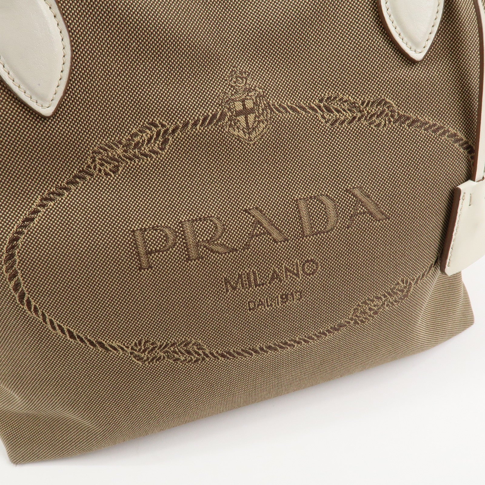 PRADA Logo Jacquard Leather Tote Bag Hand Bag Beige Ivory 1BG158