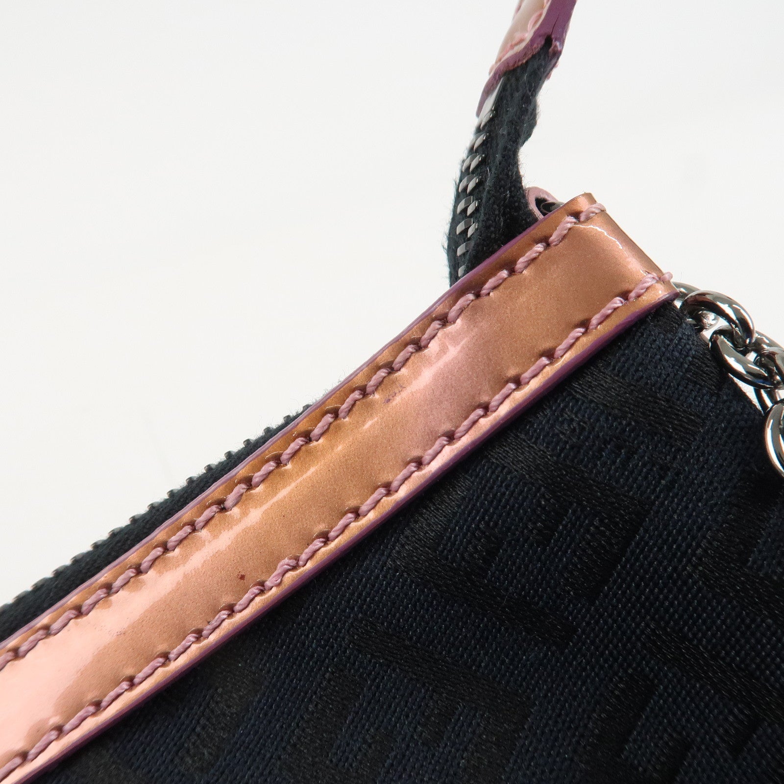 FENDI Zucchino Canvas Leather Chain Hand Bag Black Pink 8BR594 Used