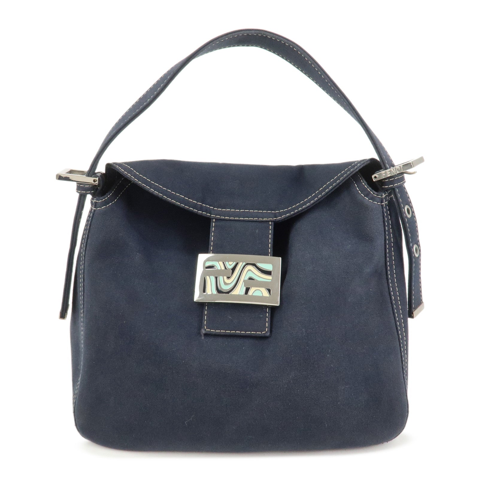 FENDI Logo Canvas Shoulder Bag Hand Bag Navy 26426