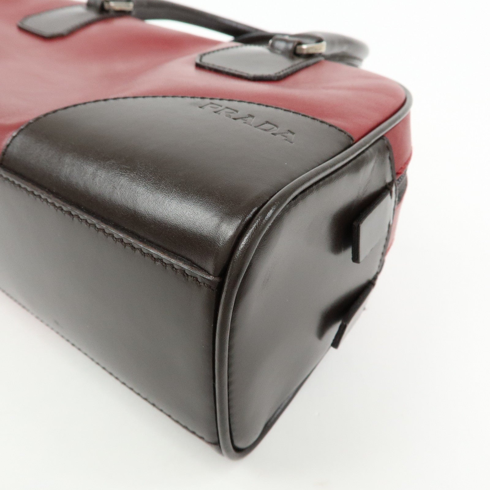 PRADA Leather Bicolor Hand Bag Mini Boston Bag Red Brown