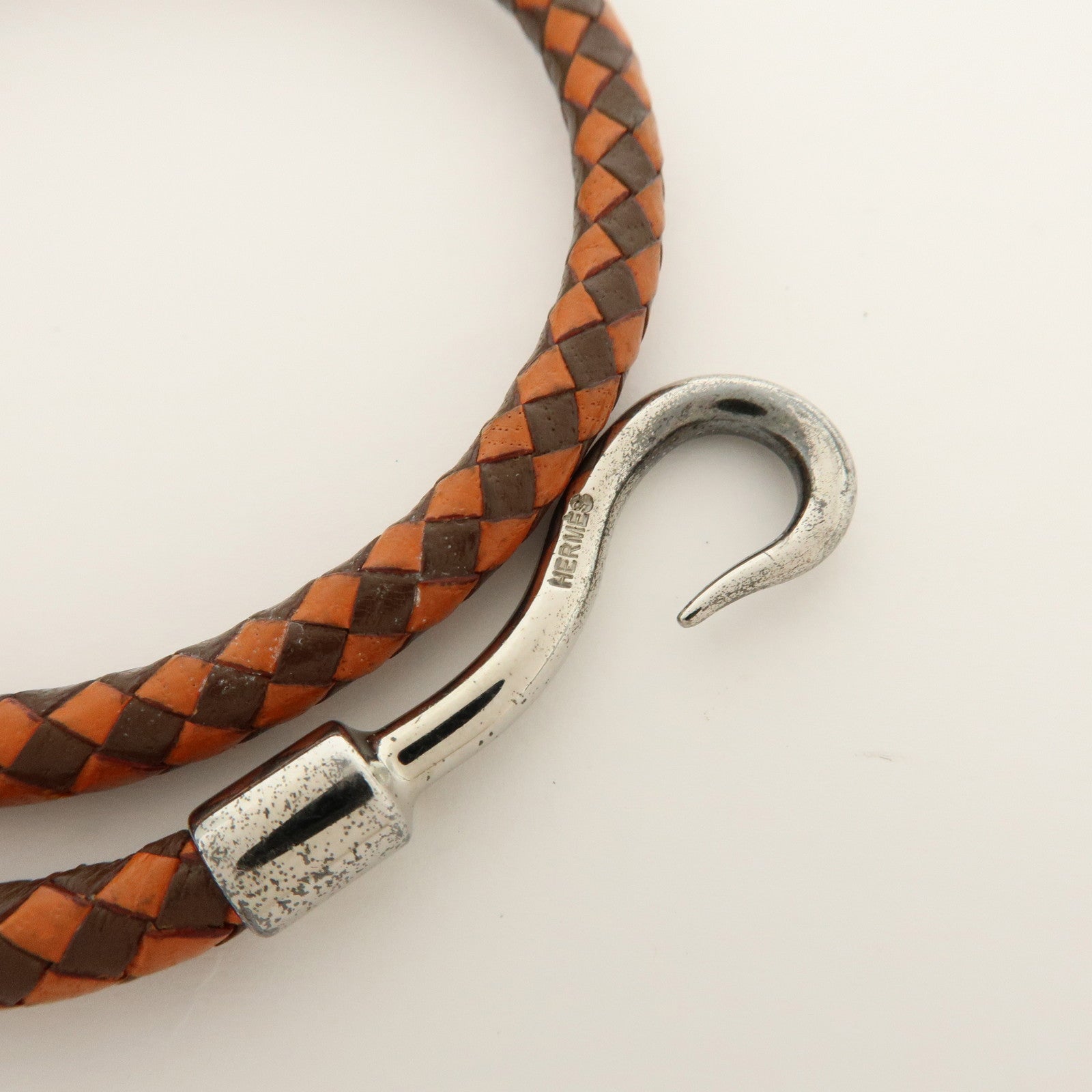 HERMES Jumbo Choker Double Tour Leather Metal Bracelet Orange Brown