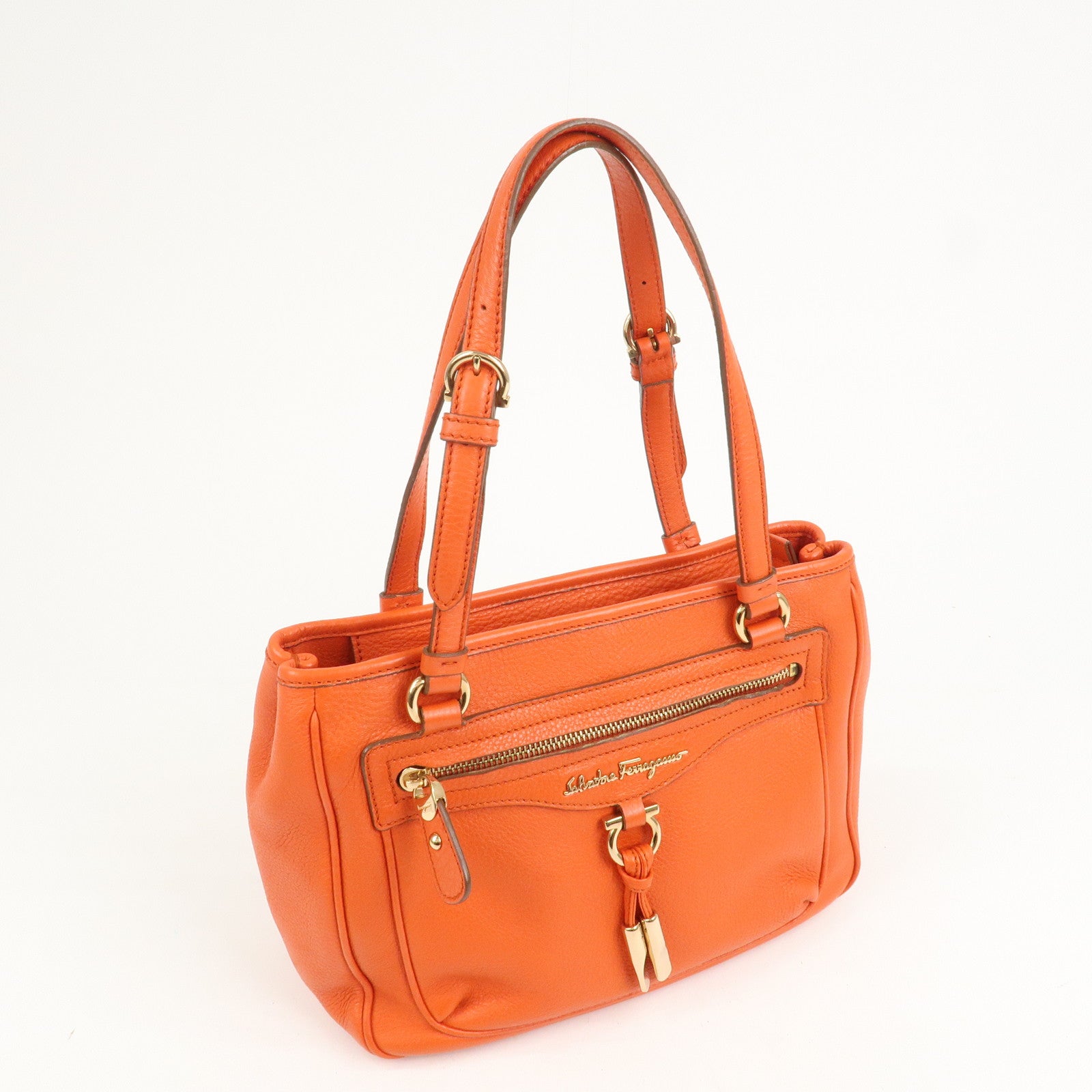 Ferragamo Gancini Leather Hand Bag Orange Gold HDW
