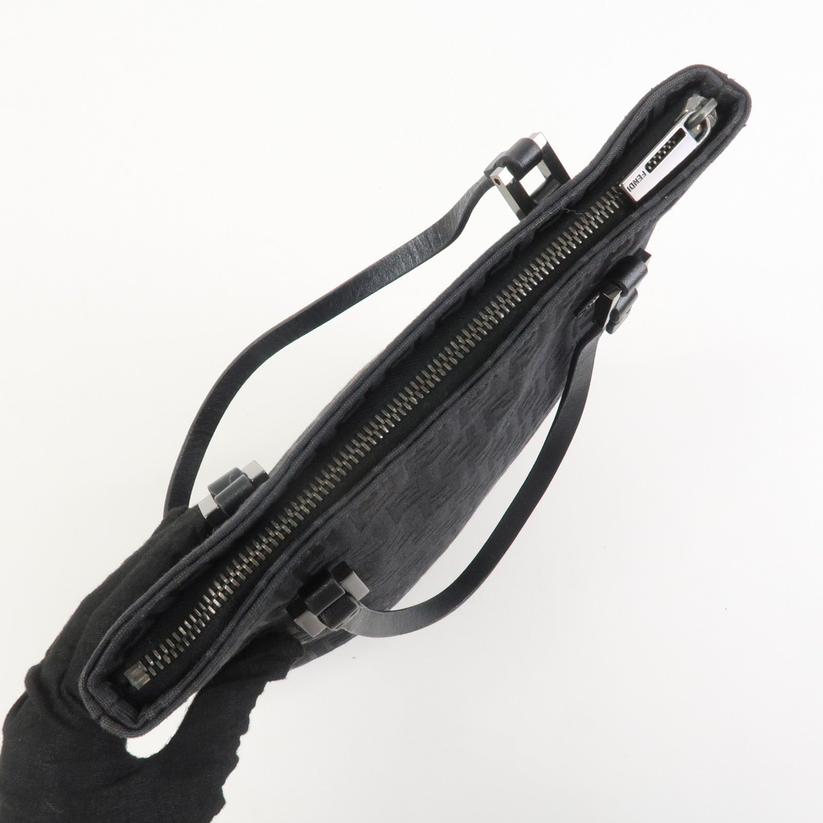 FENDI Zucchino Canvas Leather Tote Bag Hand Bag Black 8BH050