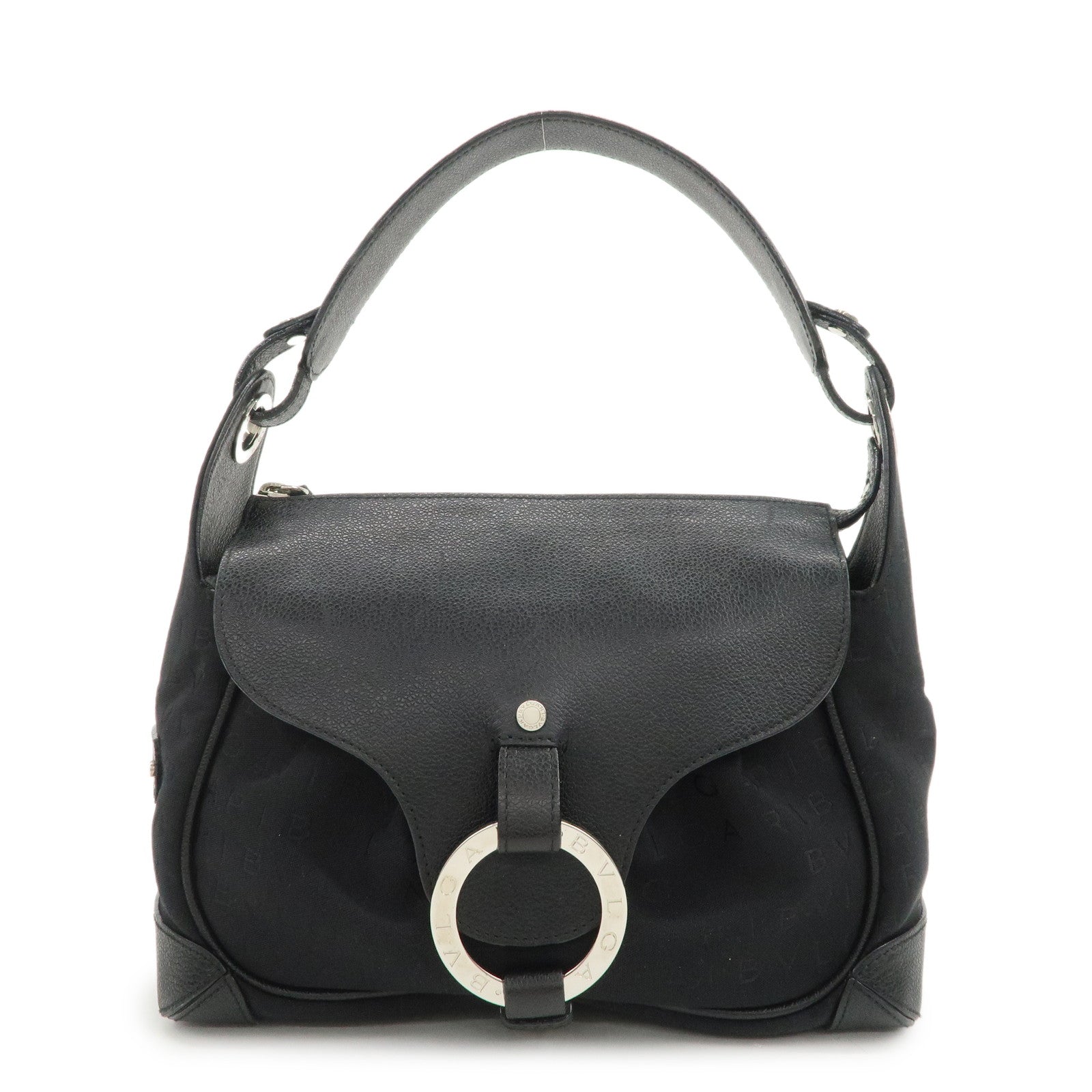 BVLGARI Logo Mania Canvas Leather Hand Bag Shoulder Bag Black