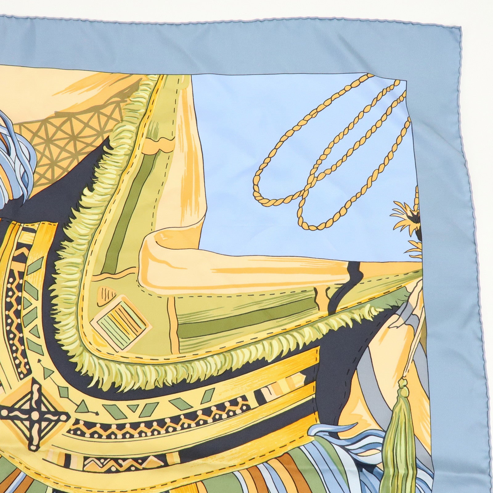 HERMES Carre 90 Silk 100% CUIRS DU DESERT Scarf Light Blue