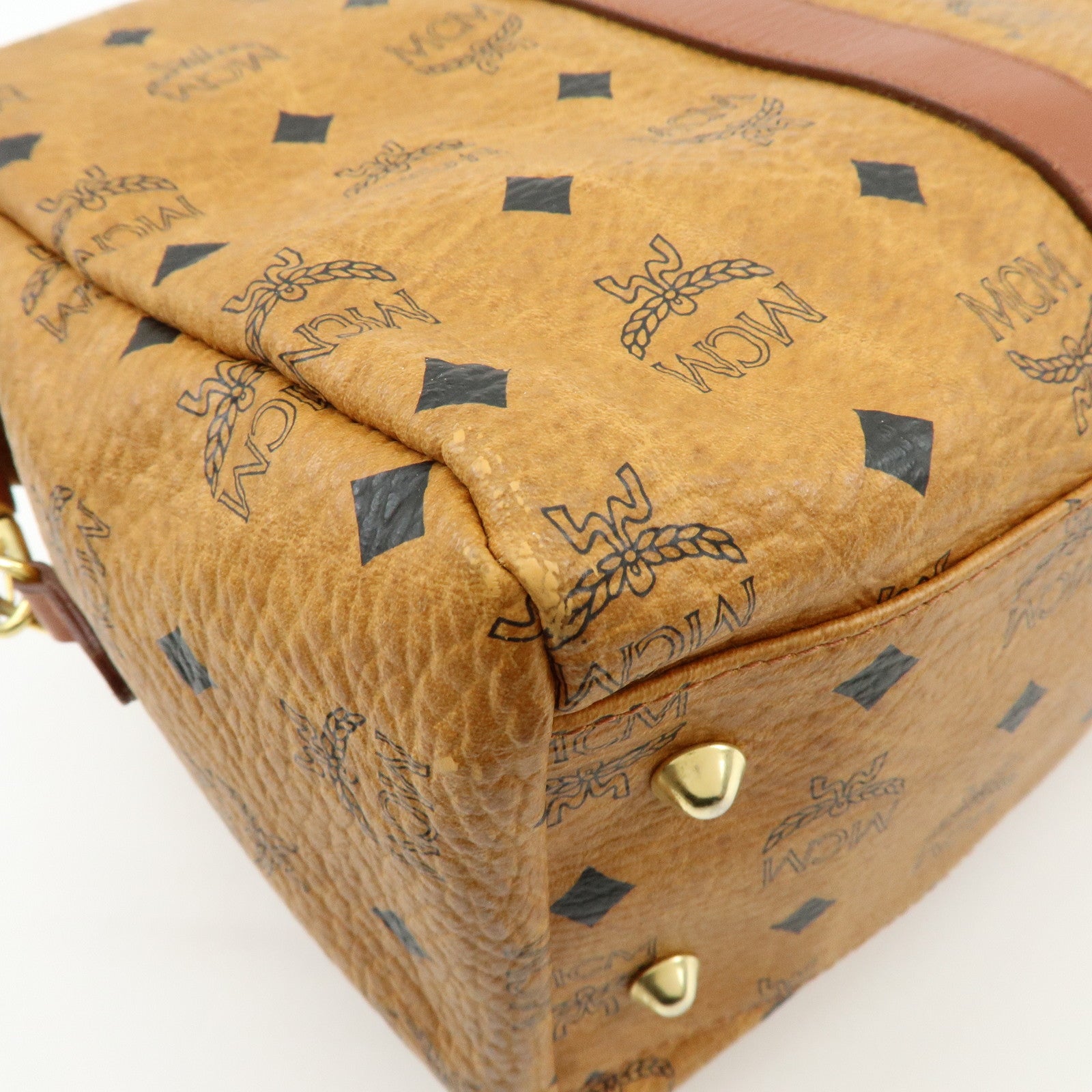 MCM Visetos PVC Leather Tote Bag Boston Bag Hand Bag Cognac Brown