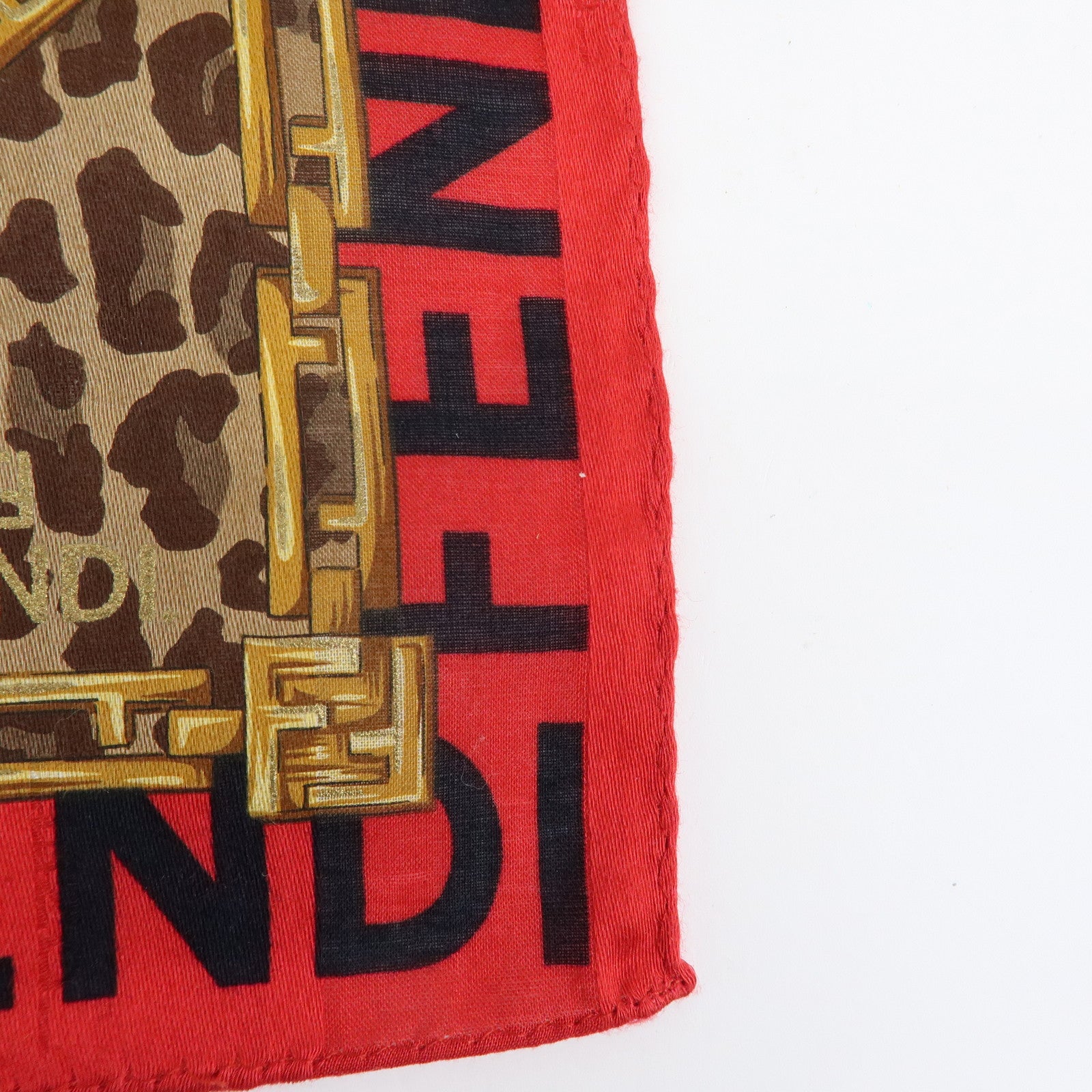 FENDI Cotton Scarf 57x57 Leopard Chain Motif Brown Red