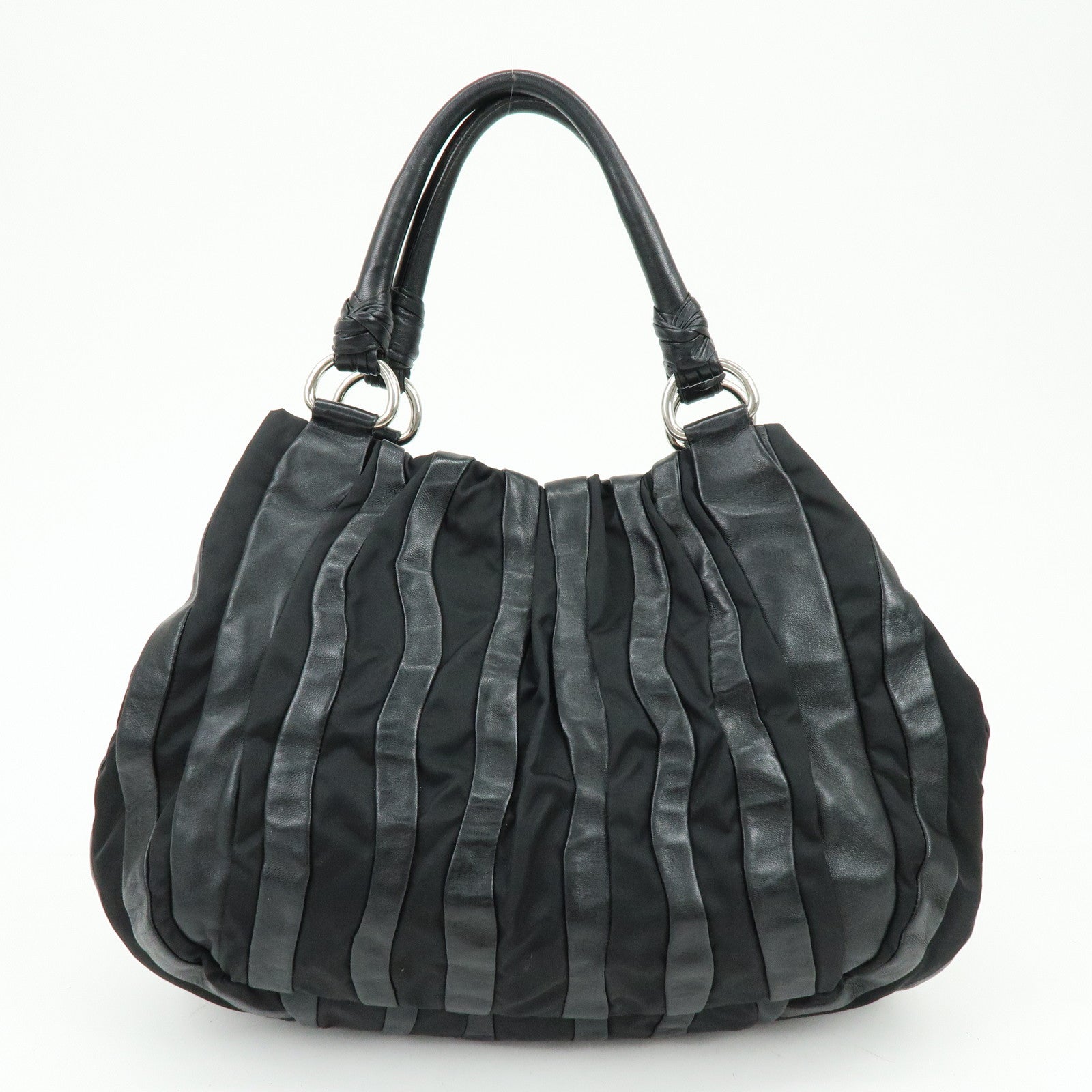 PRADA Logo Leather Nylon Tote Bag Shoulder Bag Black BR3994