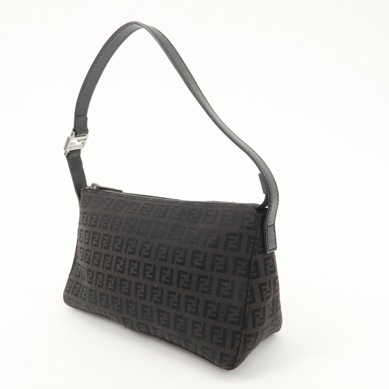 FENDI Zucchino Canvas Leather Shoulder Bag Black Brown 8BR444 Used