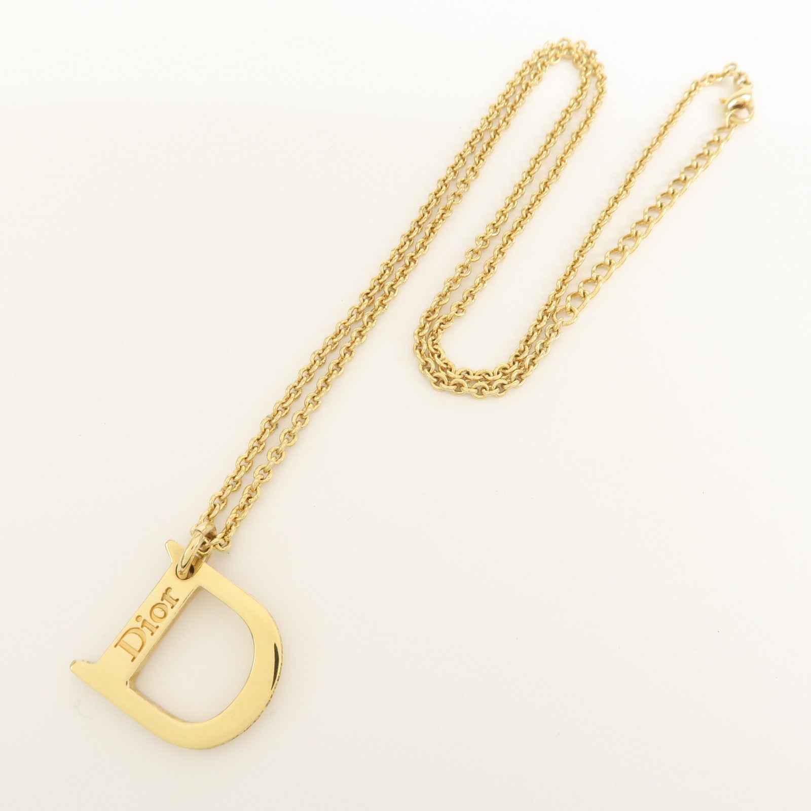 Christian Dior Logo Metal Rhinestone Necklace Gold