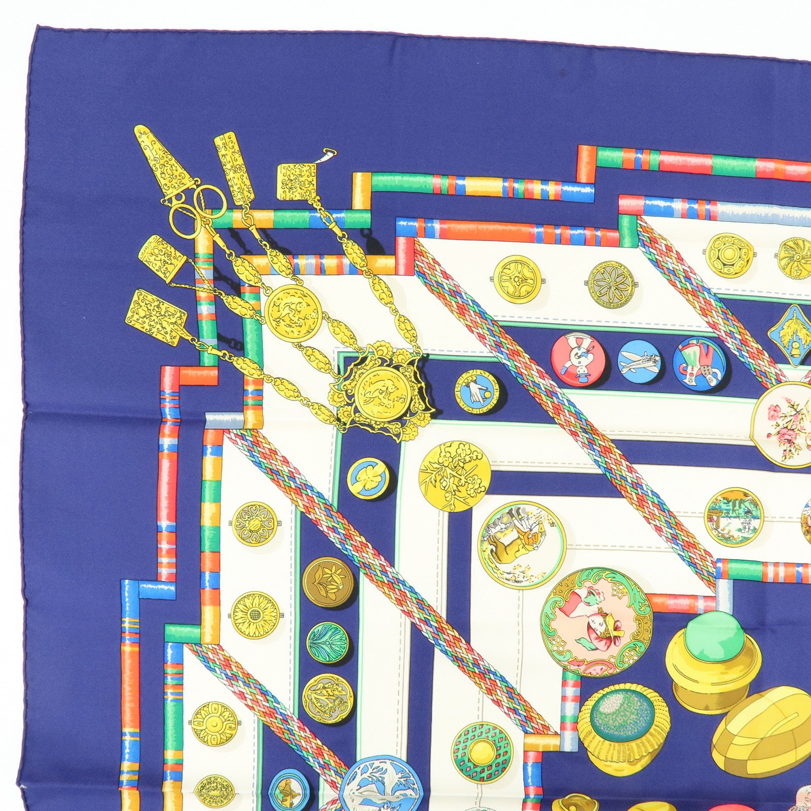 HERMES Carre 90 Silk 100% Scarf Petite Main Navy Multicolor