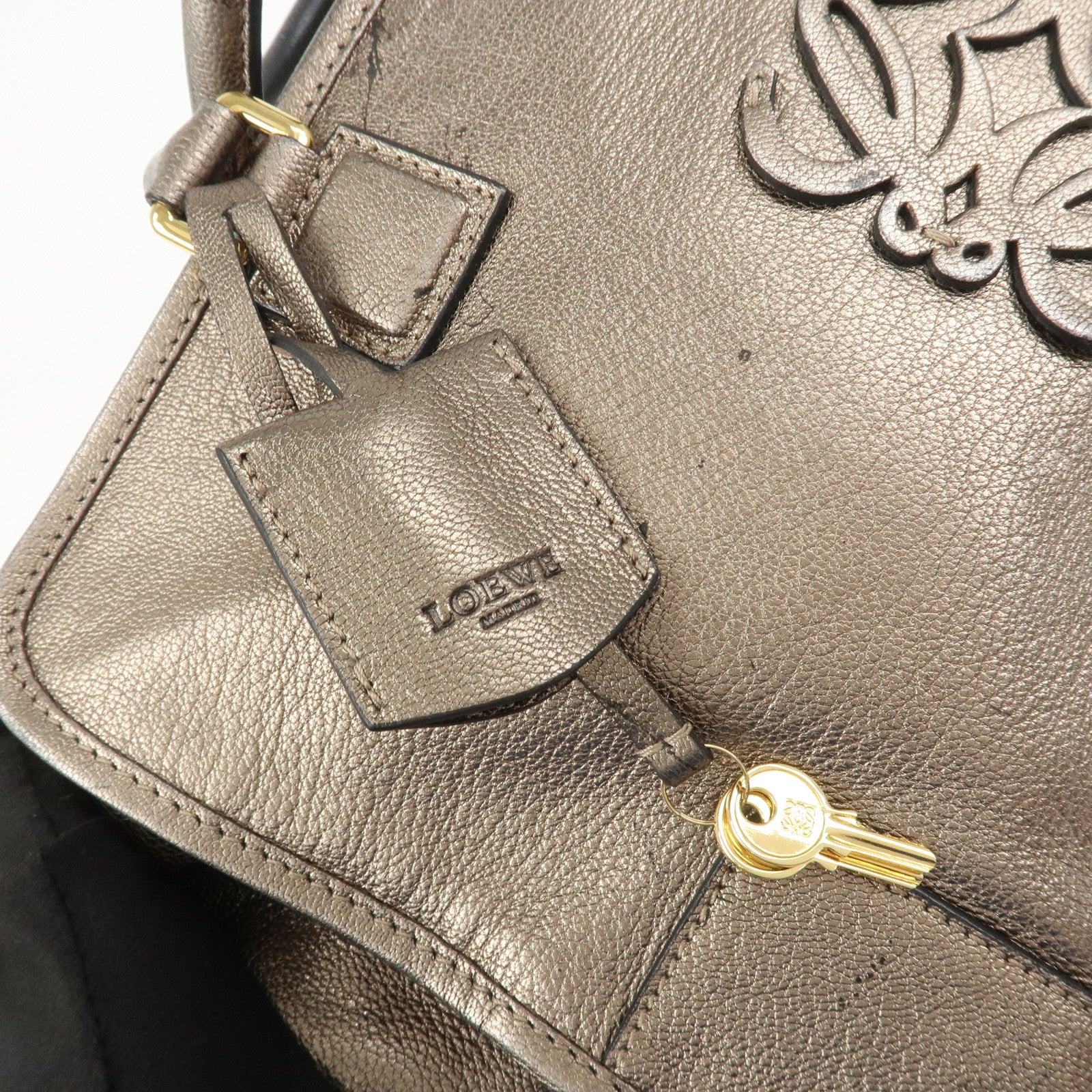LOEWE Anagram Leather Amazona 36 Hand Bag Boston Bag Silver Grey