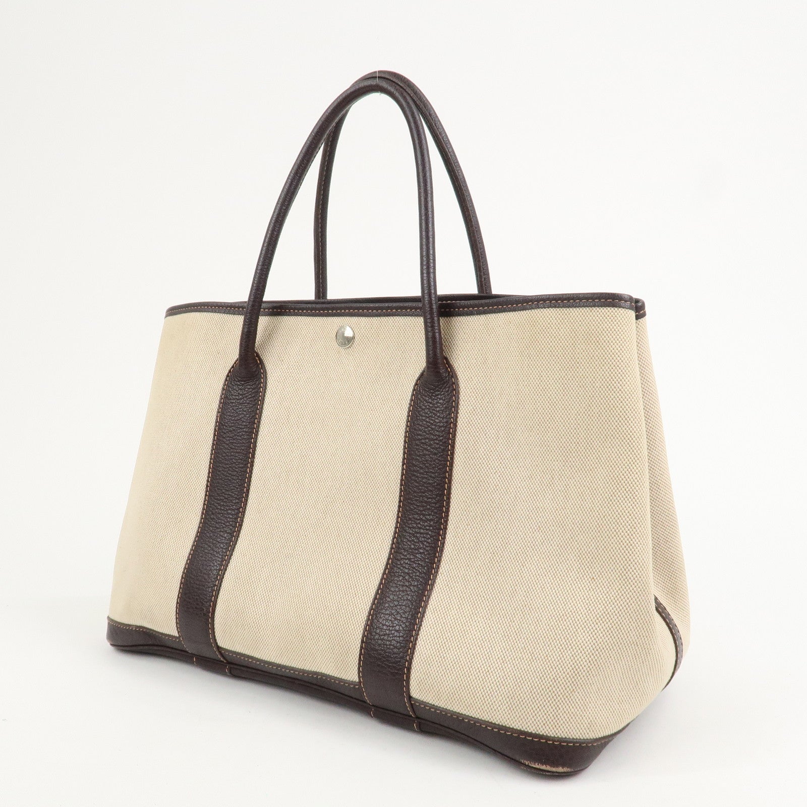 HERMES Leather Toile H Garden Party PM Tote Bag Hand Bag Natural