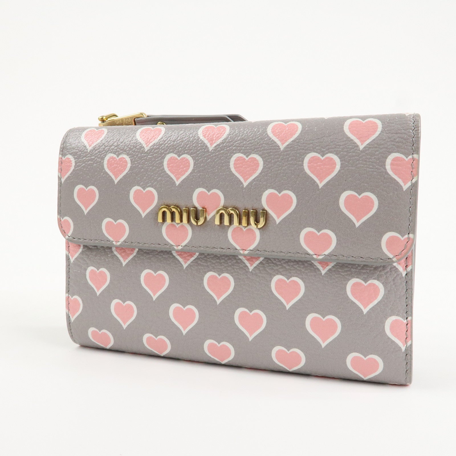 MIU MIU Leather Heart BI-fold Wallet Pink Gray Gold Hardware 5ML014 Used