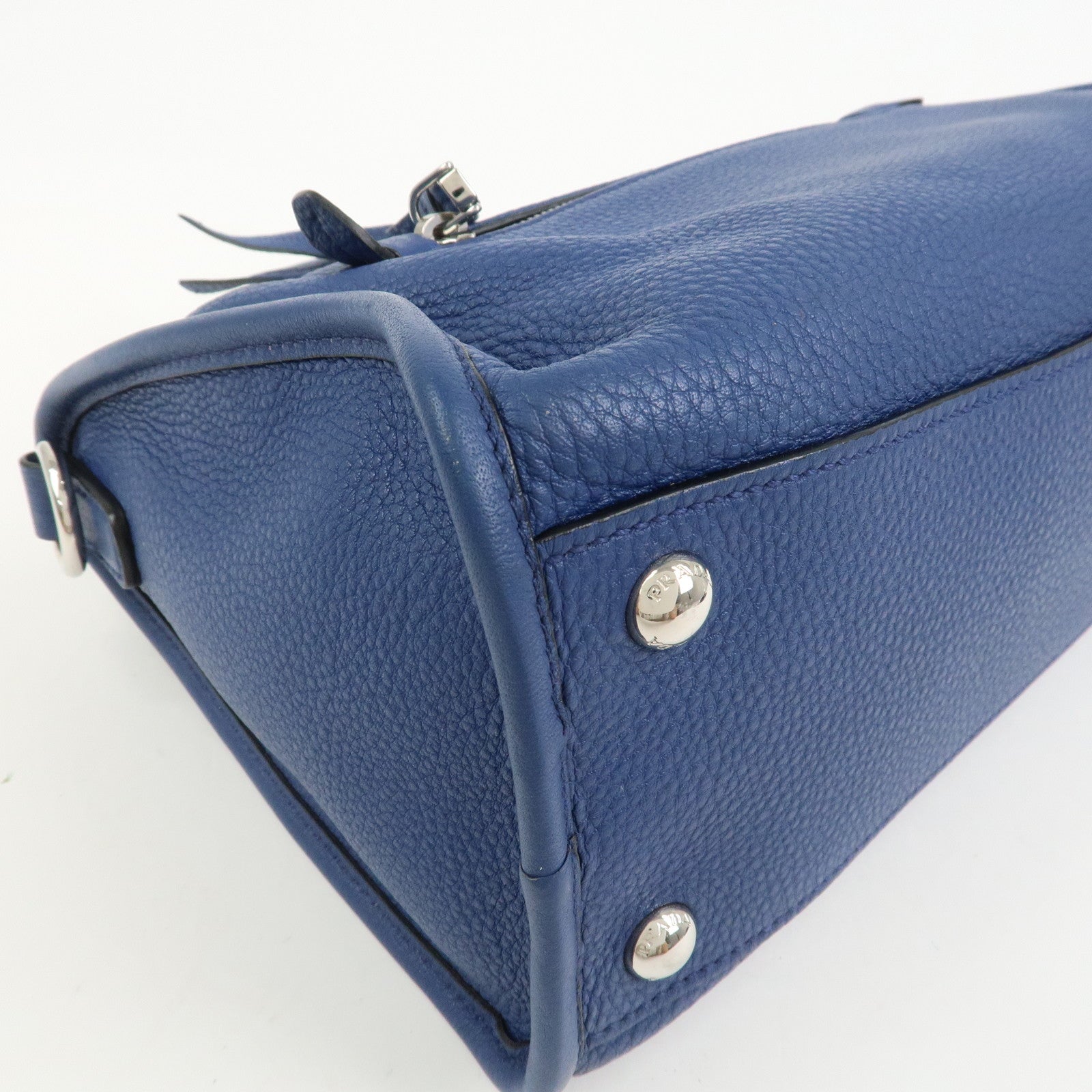 PRADA Leather 2Way Bag Hand Bag Shoulder Bag Blue Silver