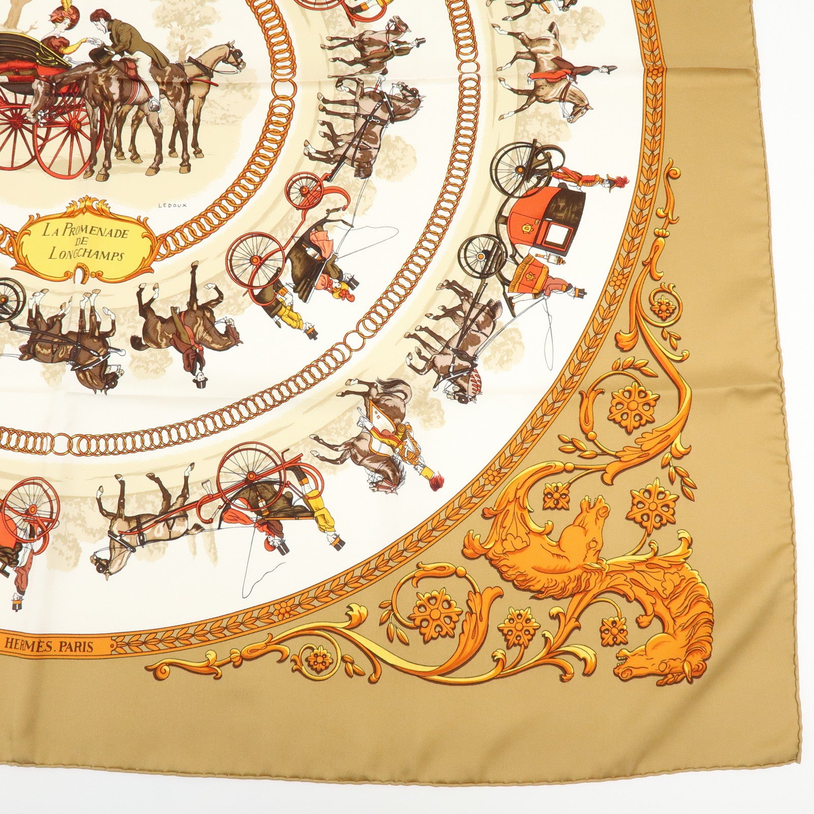 HERMES Carre 90 Silk 100% Scarf LA PROMENADE DE LONGCHAMPS Brown