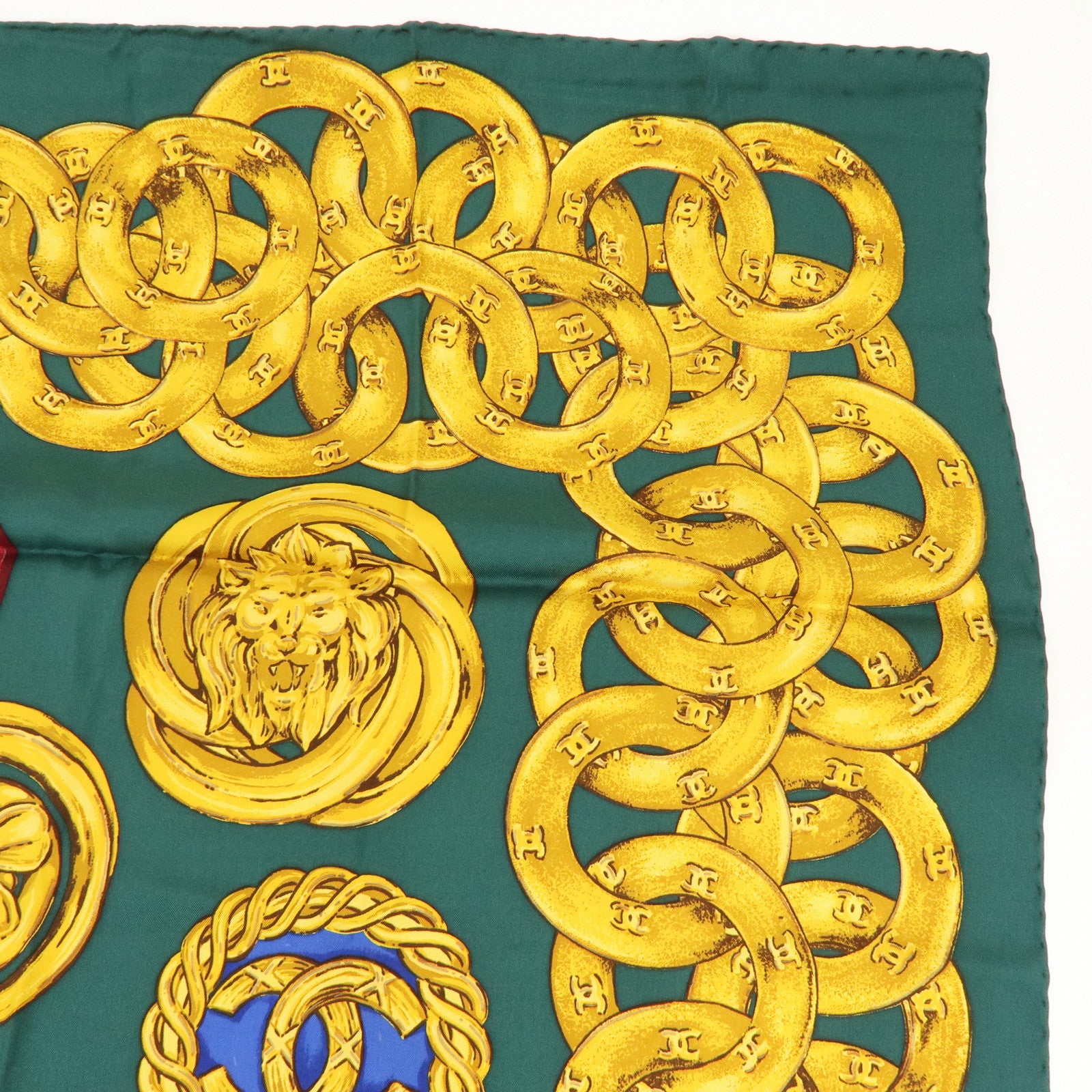 CHANEL Logo Silk 100% Medallion & Chain Print Scarf Moss Green Gold