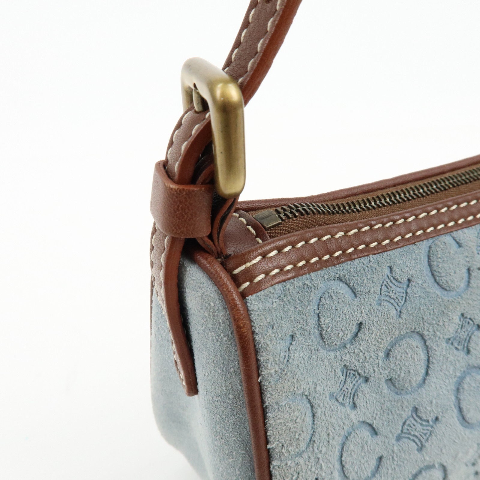CELINE C Macadam Suede Leather Shoulder Bag Hand Bag Light Blue