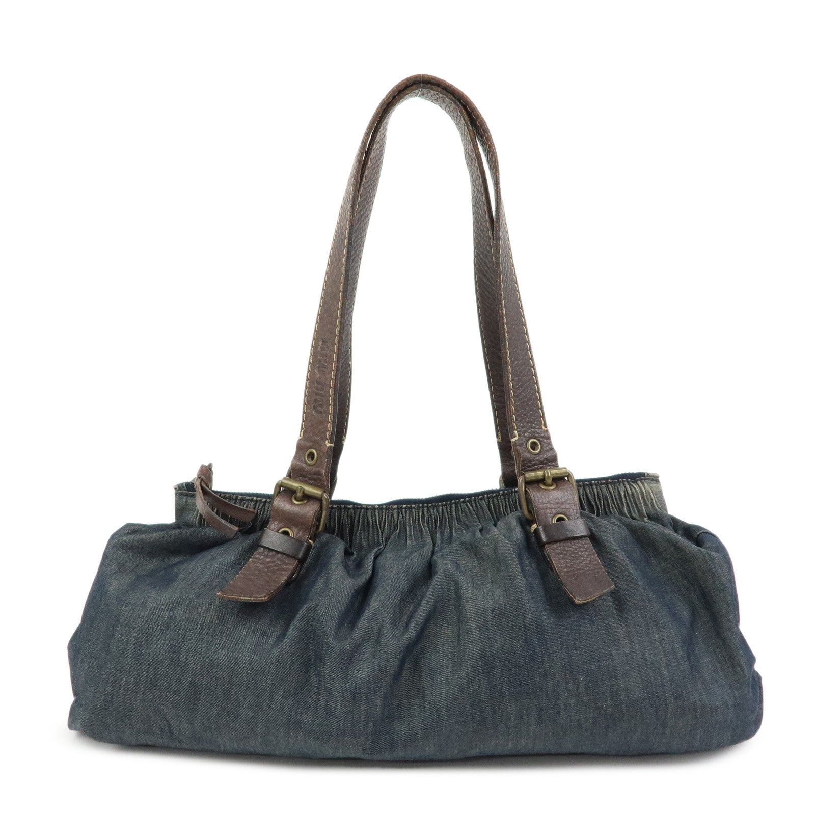 MIU MIU Denim Leather Shoulder Bag Hand Bag Indigo Blue Brown