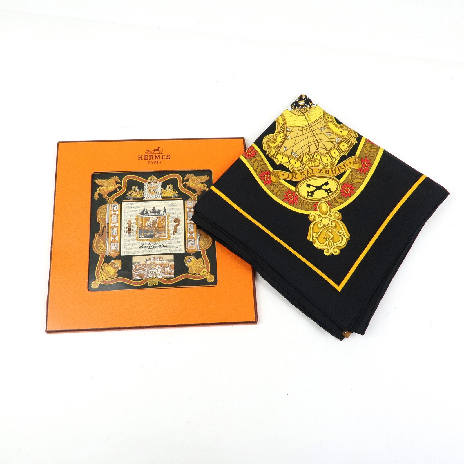 HERMES Carre 90 Silk 100% Scarf IN SALZBURG Black Gold