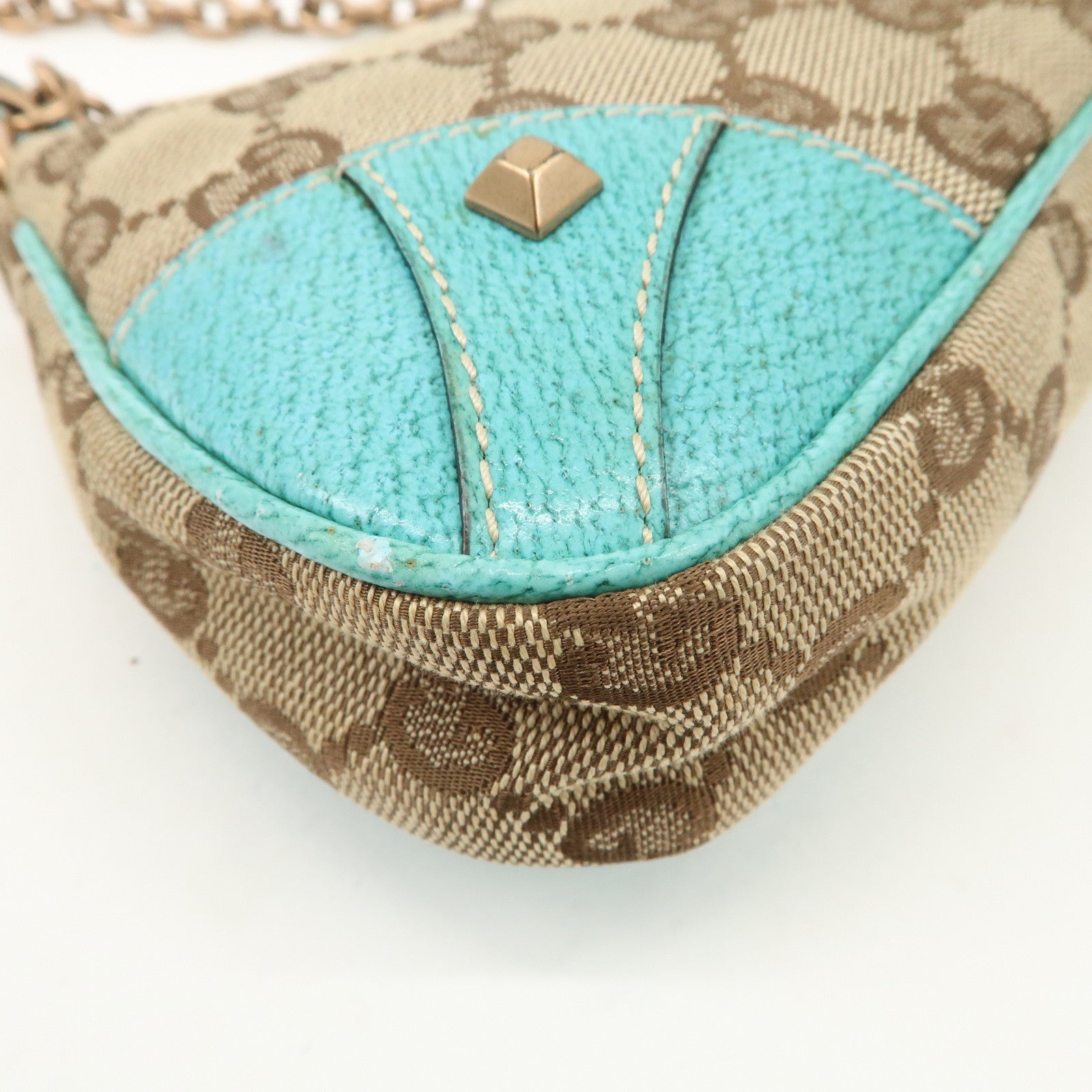 GUCCI GG Canvas Leather Chain Shoulder Bag Beige Turquoise Blue 120940 Used