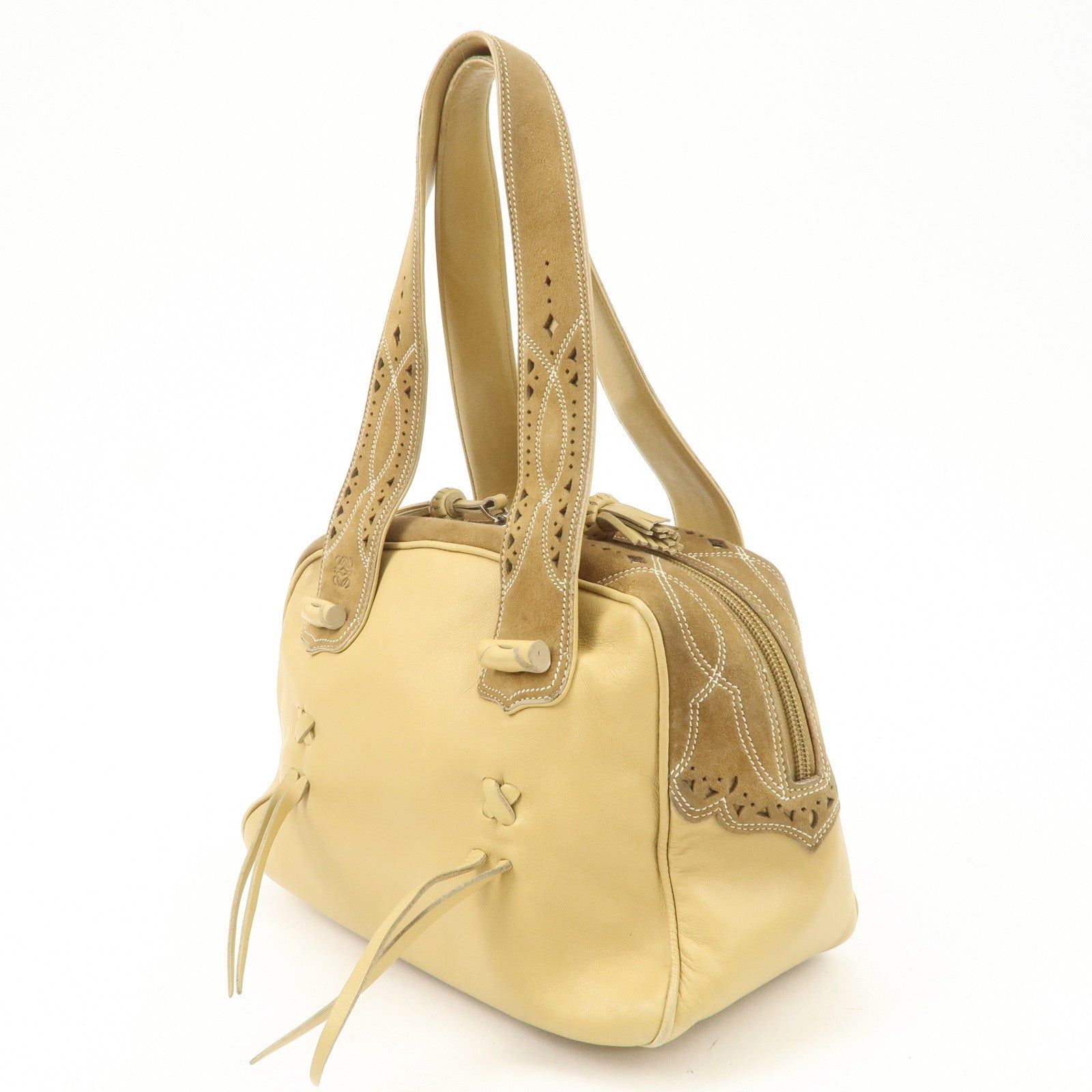 LOEWE Anagram Leather Suede Punching Boston Bag Beige Used