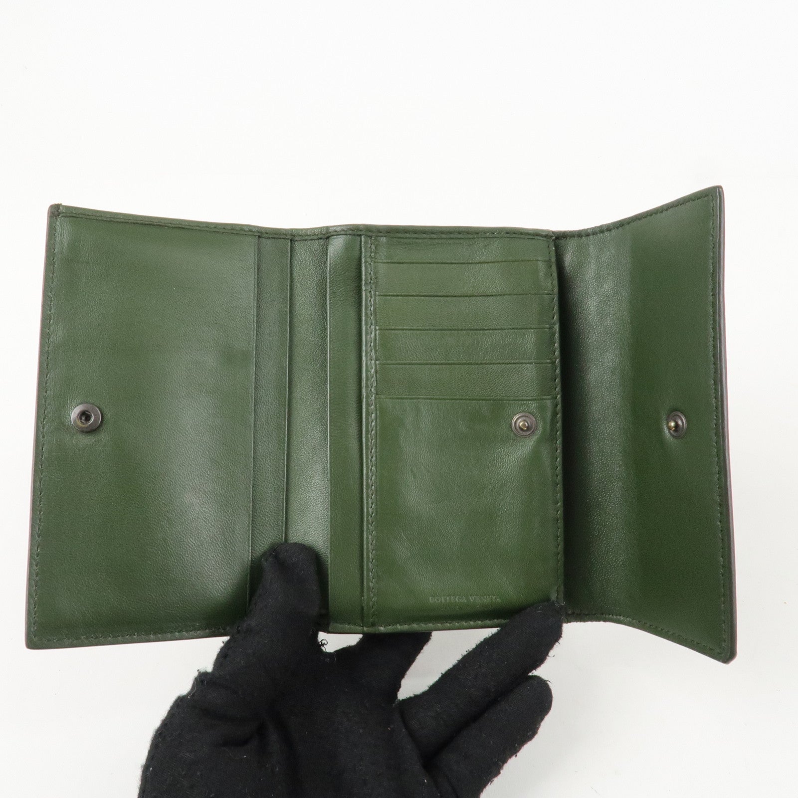 BOTTEGA VENETA Intrecciato Leather Tri-fold Wallet Dark Green Used