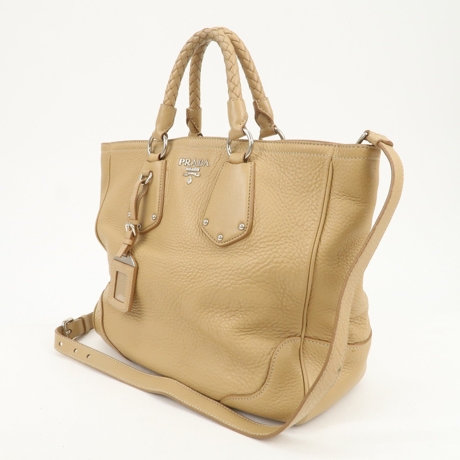 PRADA Logo Leather 2Way Bag Hand Bag Shoulder Bag Beige BN1364