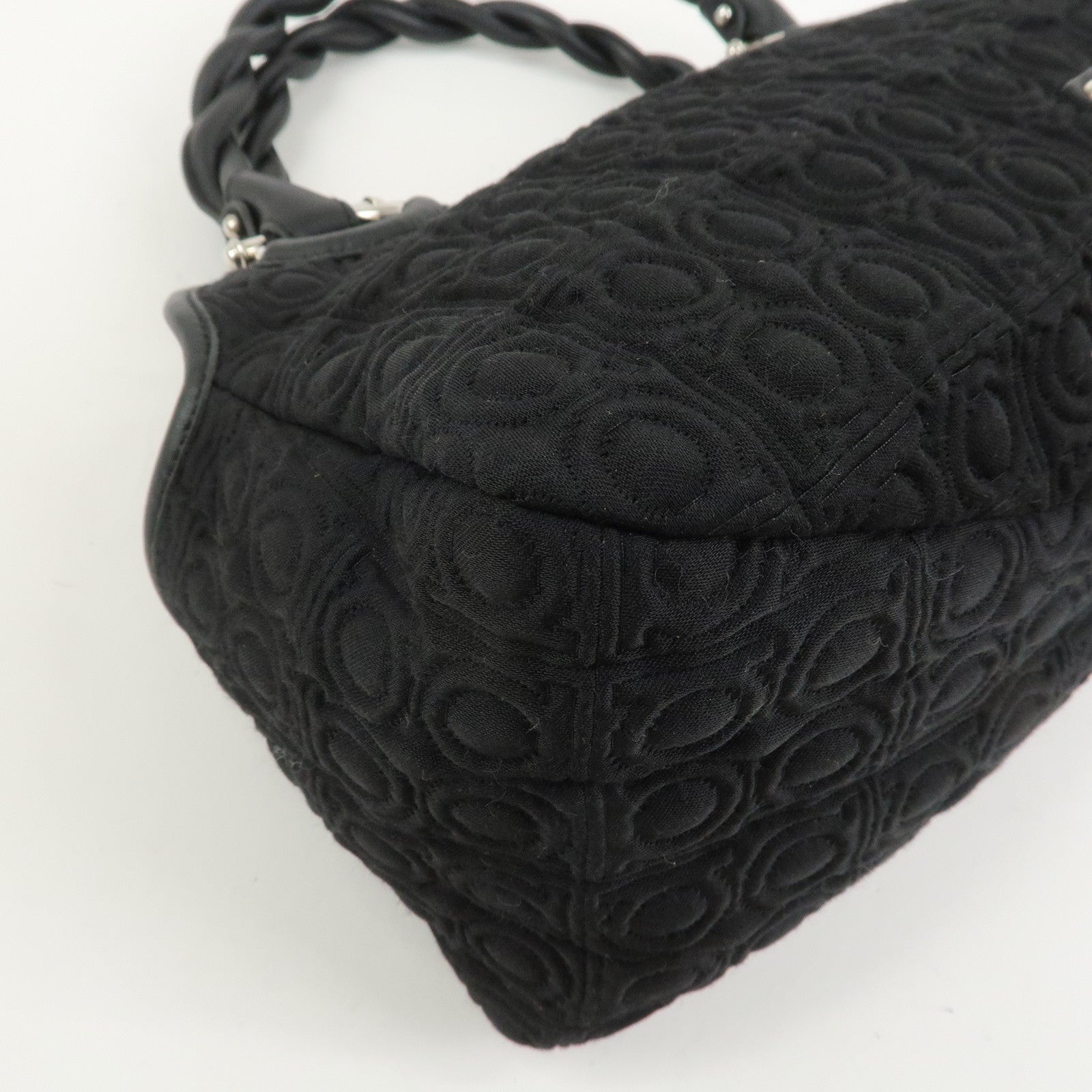 Ferragamo Gancini Canvas Leather Hand Bag Black Silver