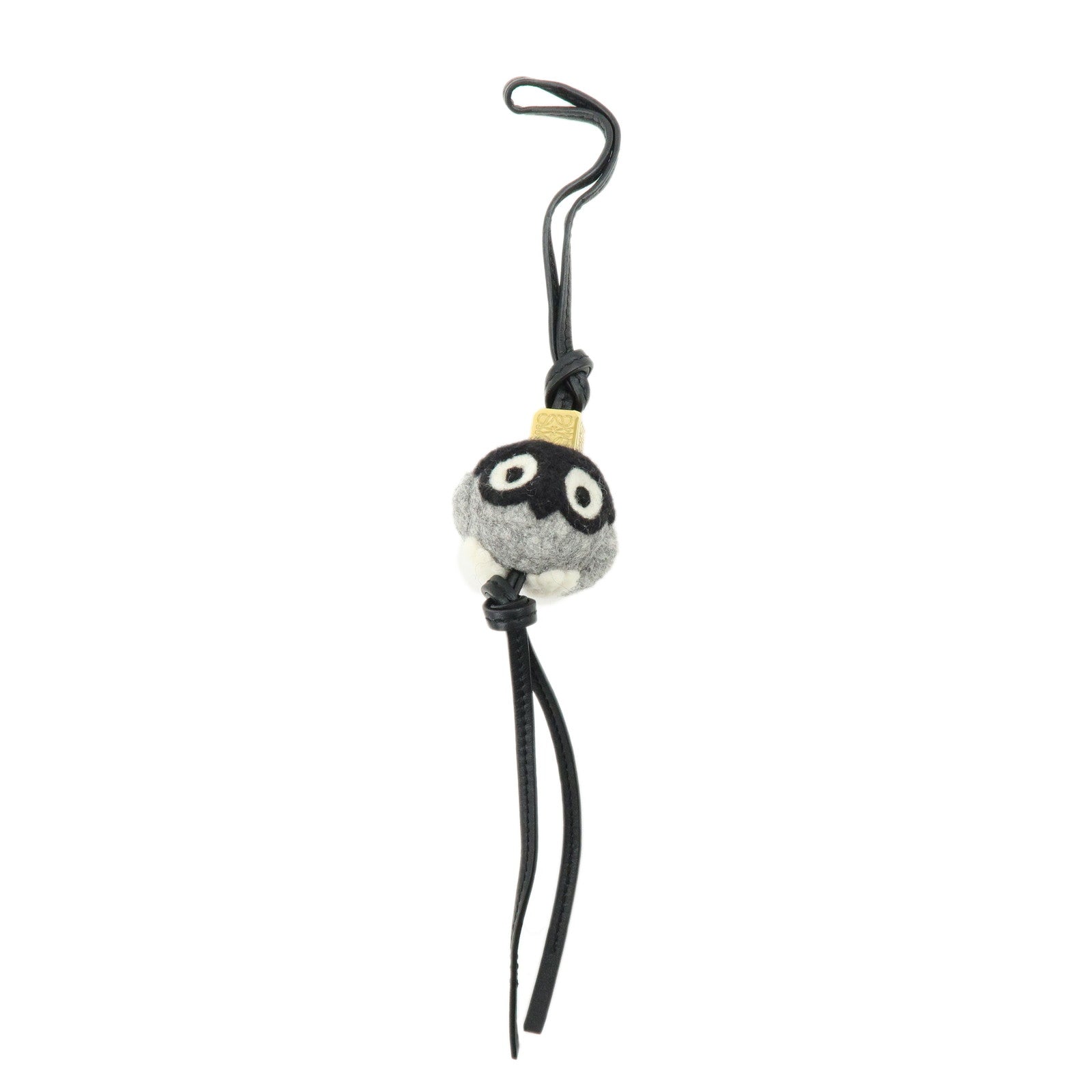 LOEWE Owl Motif Felt Calf Leather Bag Charm Key Holder Gray Black