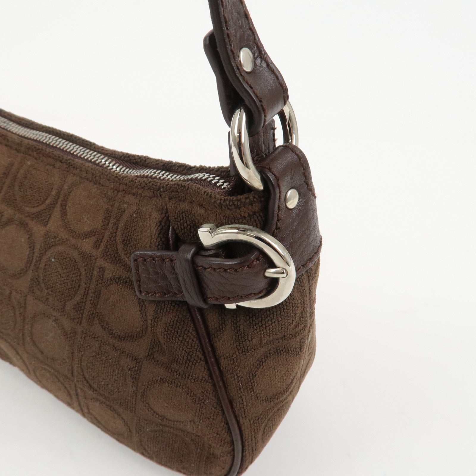 Ferragamo Gancini Polyester Leather Shoulder Bag Hand Bag Brown