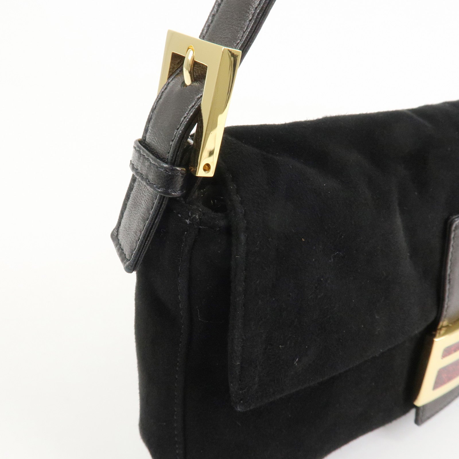 FENDI Mamma Baguette Suede Leather Shoulder Bag Black 26424