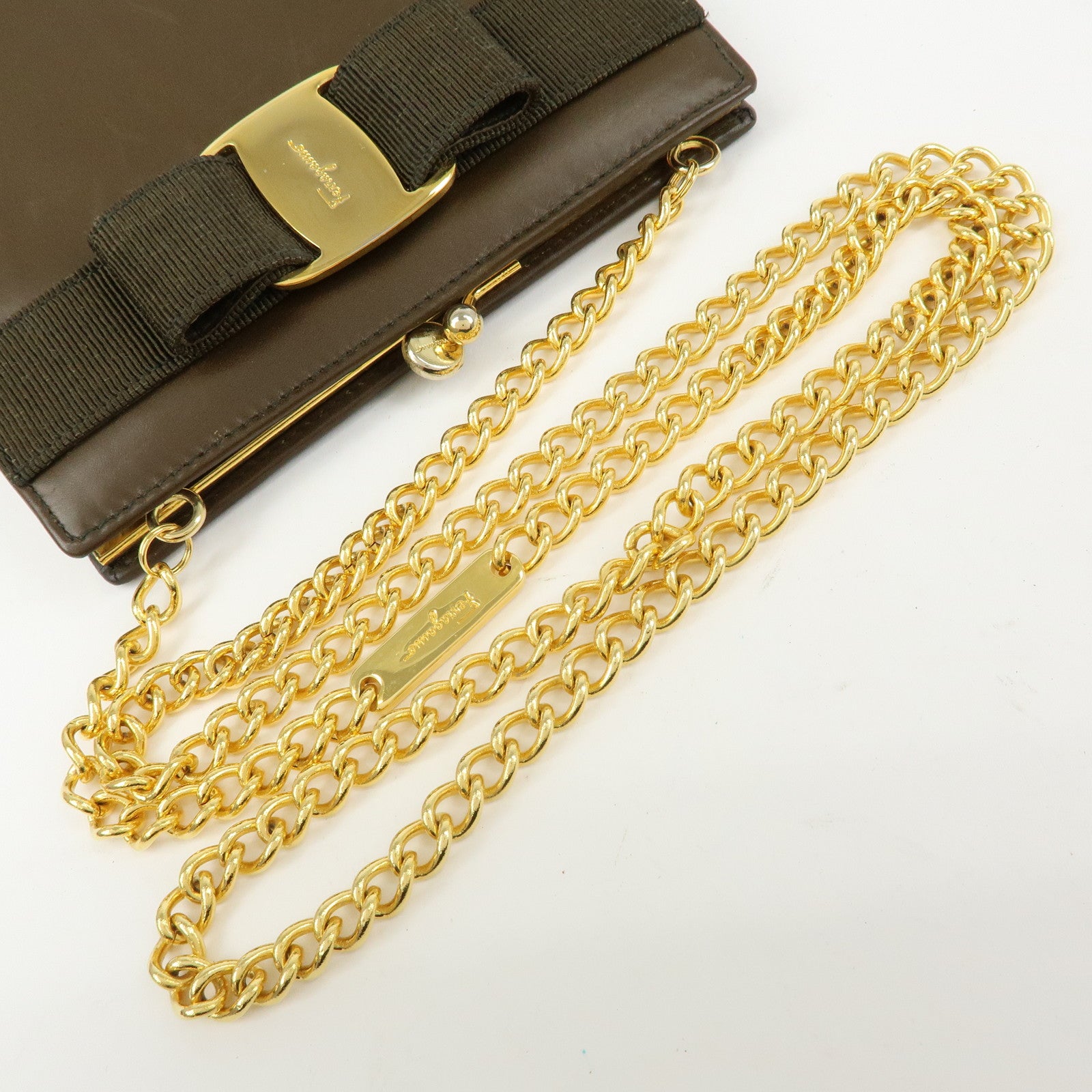 Ferragamo Vara Ribbon Leather Chain Mini Shoulder Bag Brown