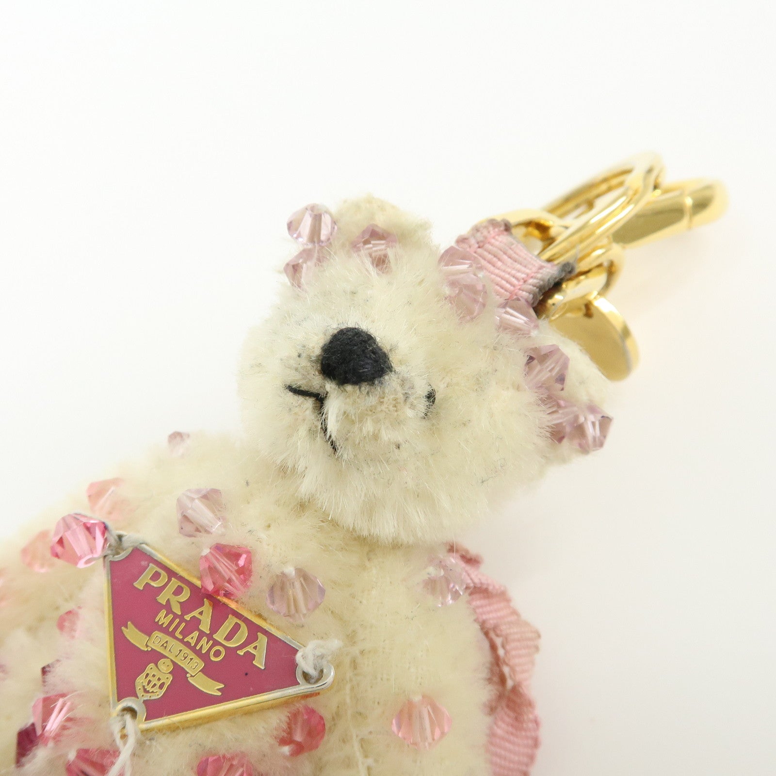 PRADA Triangle Logo Bear Mohair Bag Charm Key Holder Beige Pink