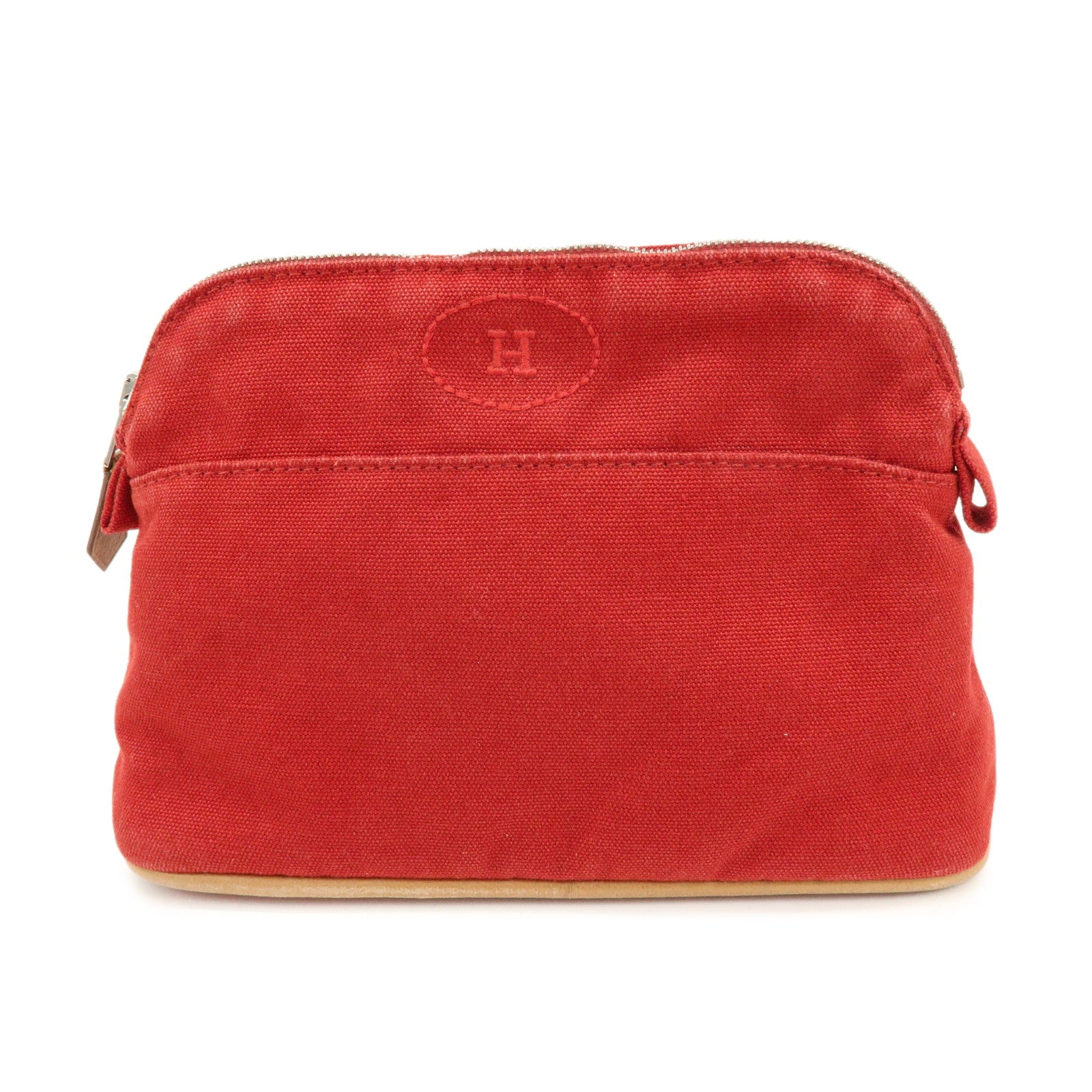 HERMES Bolide Mini Cotton Leather Pouch Cosmetic Case Red Beige